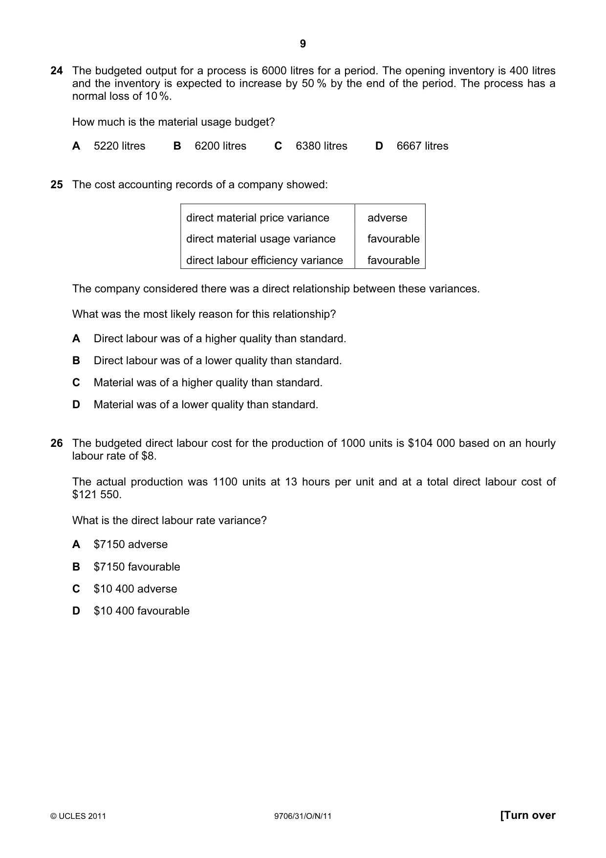 Cambridge A Level Accounting 9706 2011 Oct/Nov Paper 3 · Variant 1 question paper, page 9 of 12