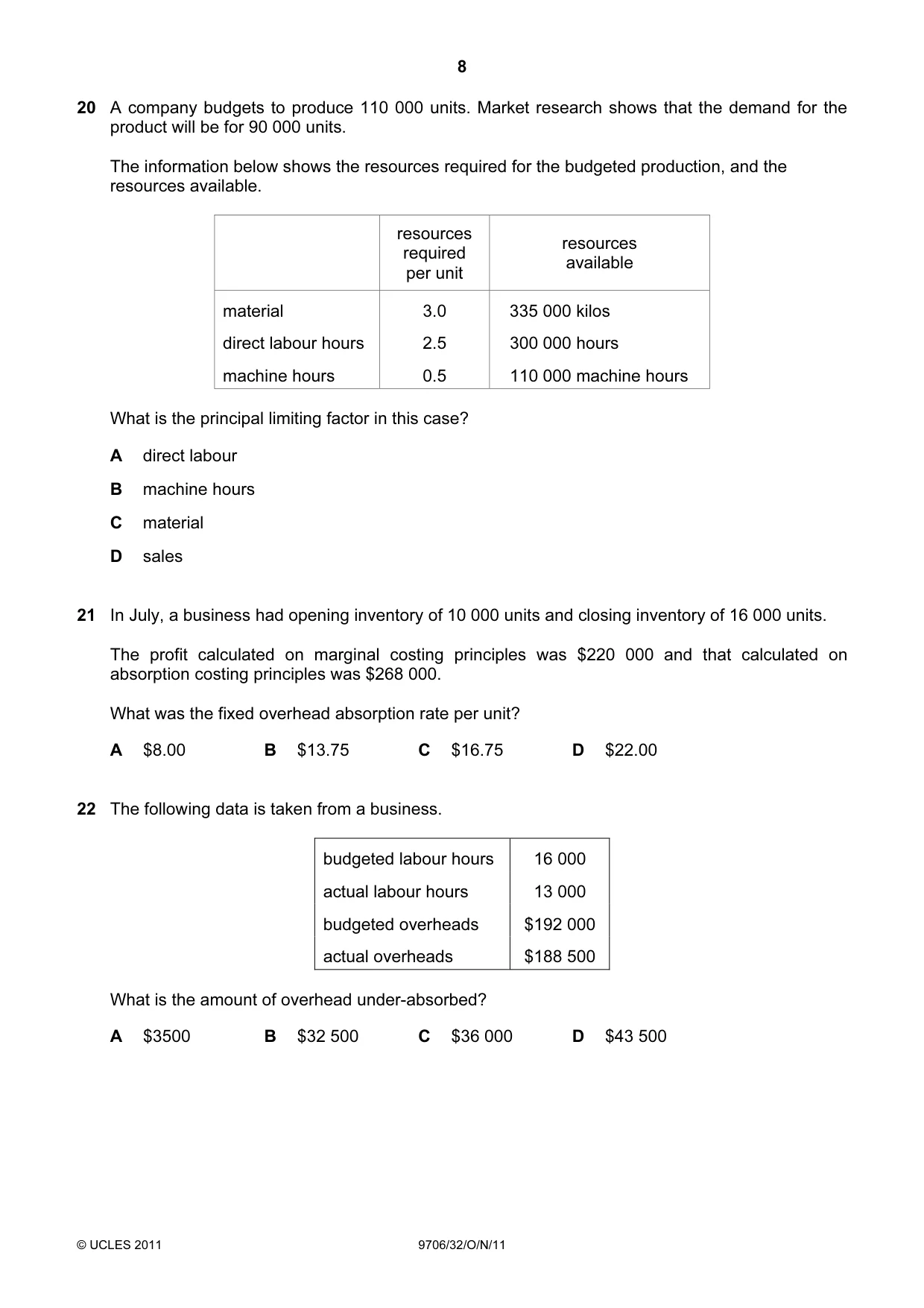 Cambridge A Level Accounting 9706 2011 Oct/Nov Paper 3 · Variant 2 question paper, page 8 of 12