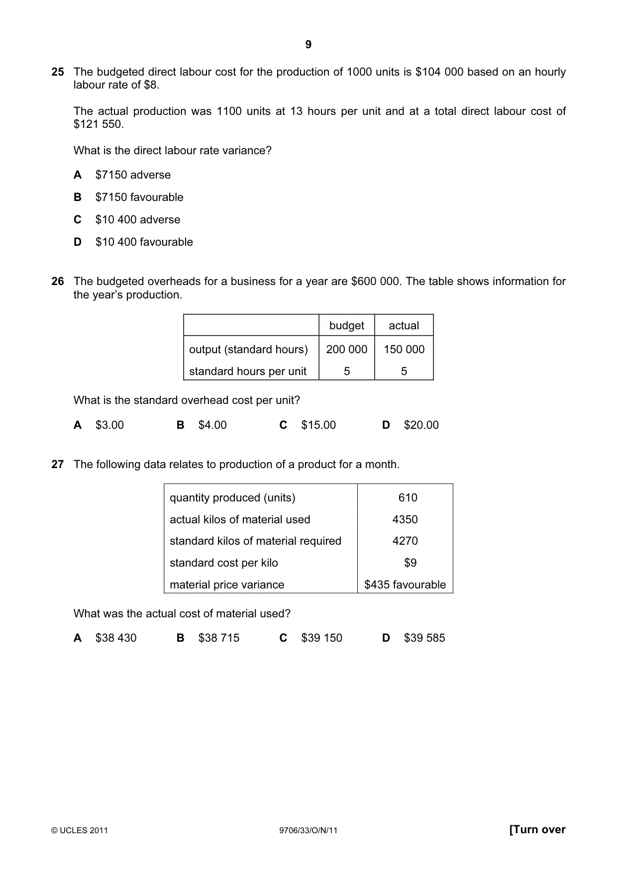 Cambridge A Level Accounting 9706 2011 Oct/Nov Paper 3 · Variant 3 question paper, page 9 of 12
