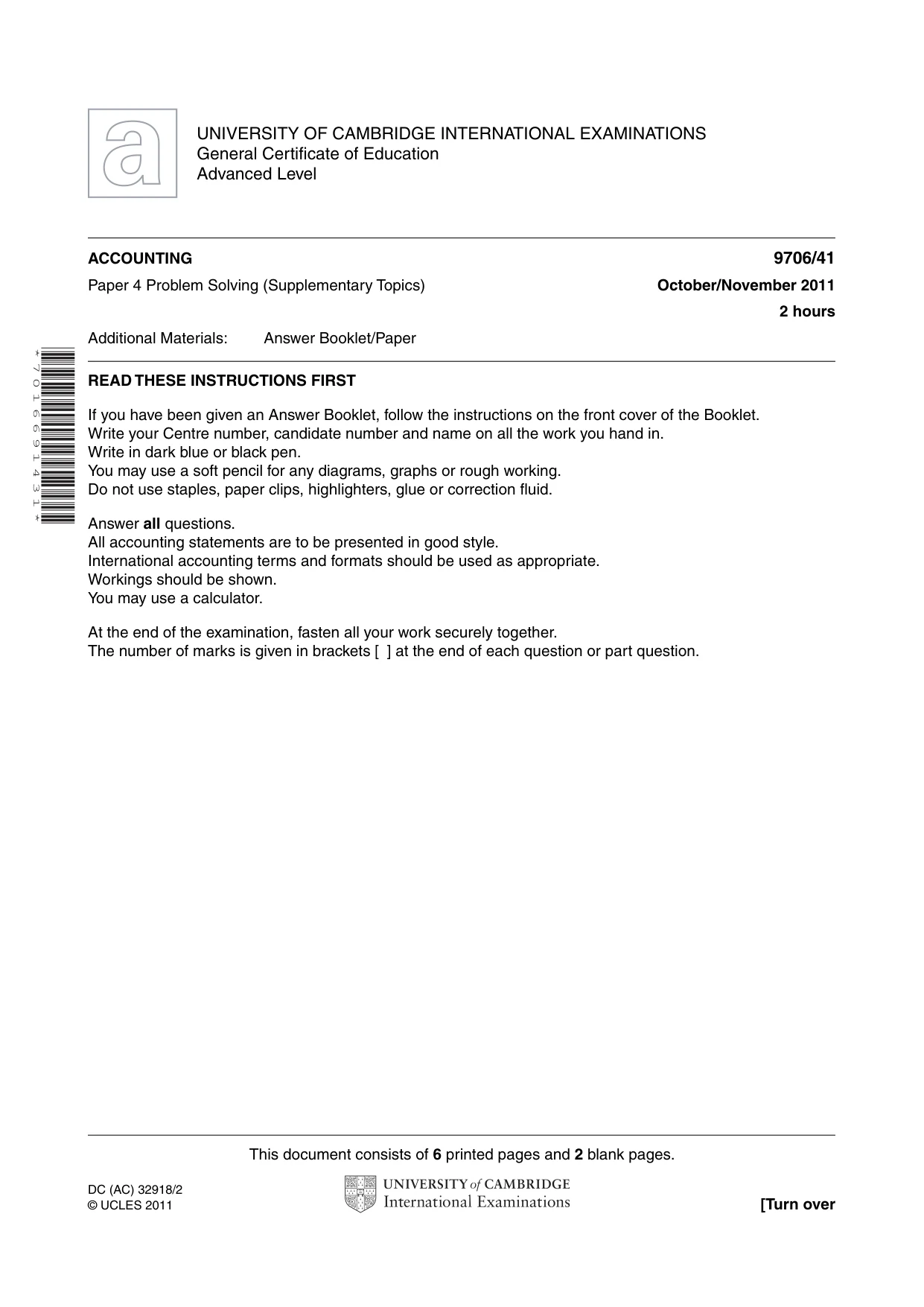 Cambridge A Level Accounting 9706 2011 Oct/Nov Paper 4 · Variant 1 question paper, page 1 of 8