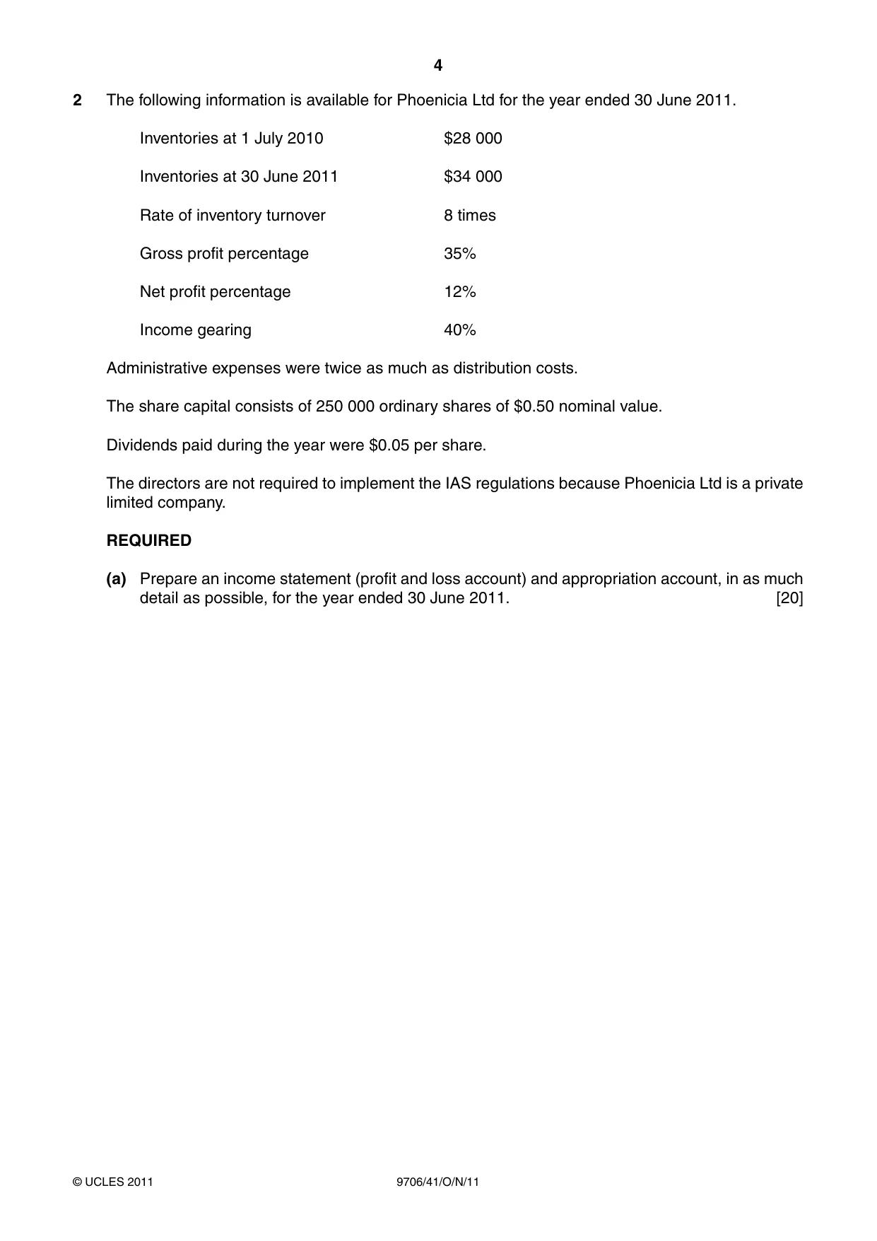 Cambridge A Level Accounting 9706 2011 Oct/Nov Paper 4 · Variant 1 question paper, page 4 of 8