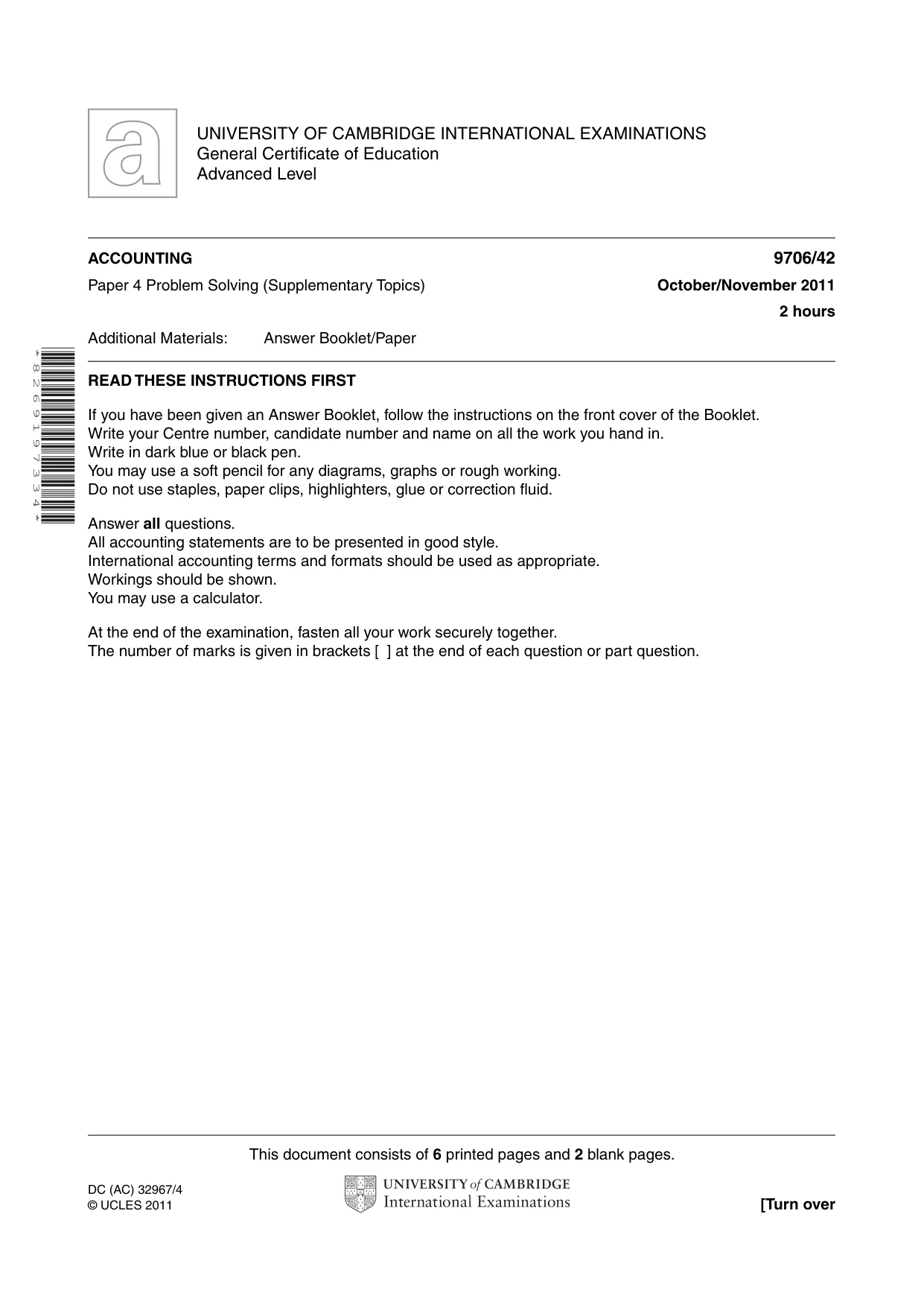 Cambridge A Level Accounting 9706 2011 Oct/Nov Paper 4 · Variant 2 question paper, page 1 of 8