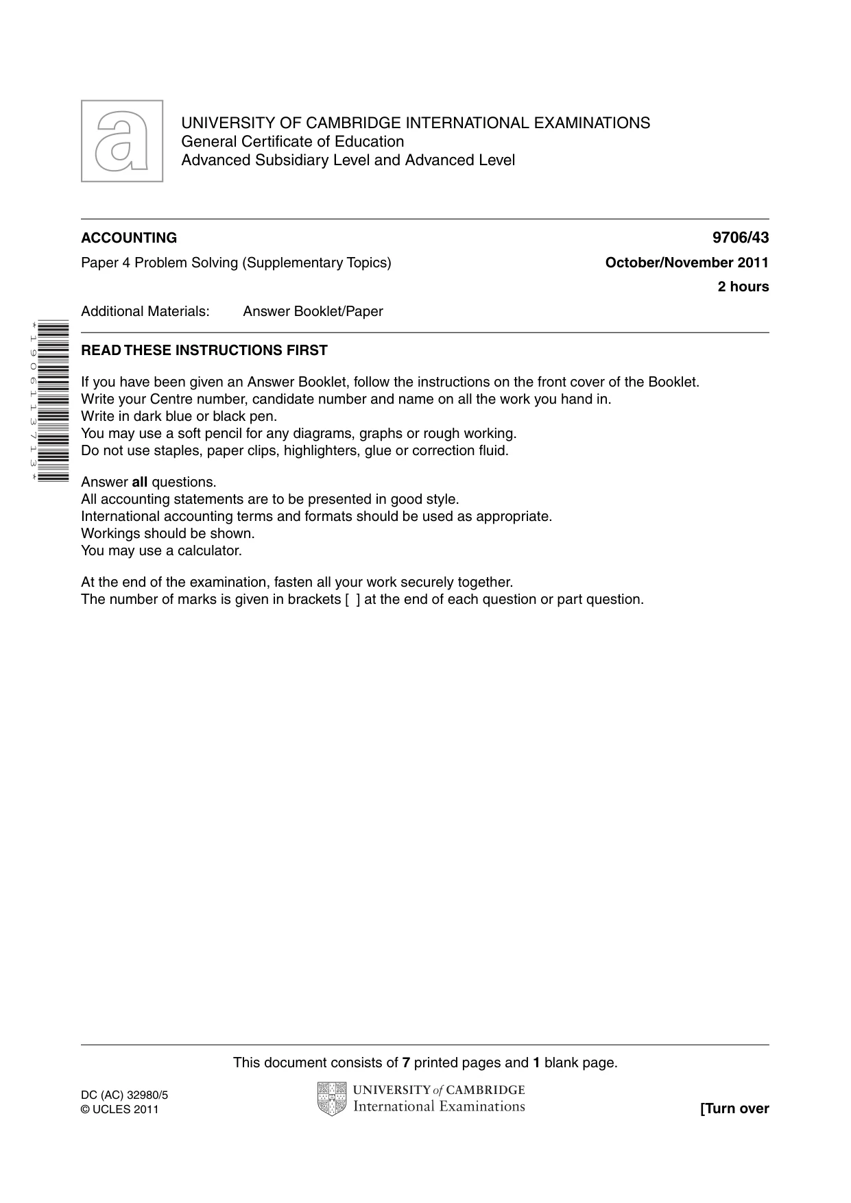 Cambridge A Level Accounting 9706 2011 Oct/Nov Paper 4 · Variant 3 question paper, page 1 of 8