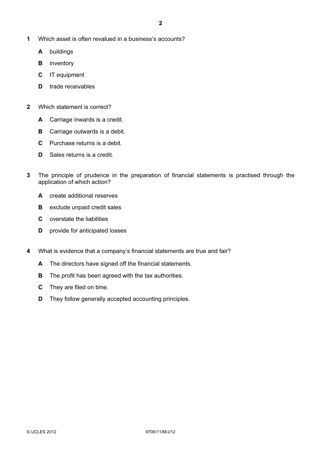Cambridge A Level Accounting 9706 2012 May/June Paper 1 · Variant 1 question paper, page 2 of 12