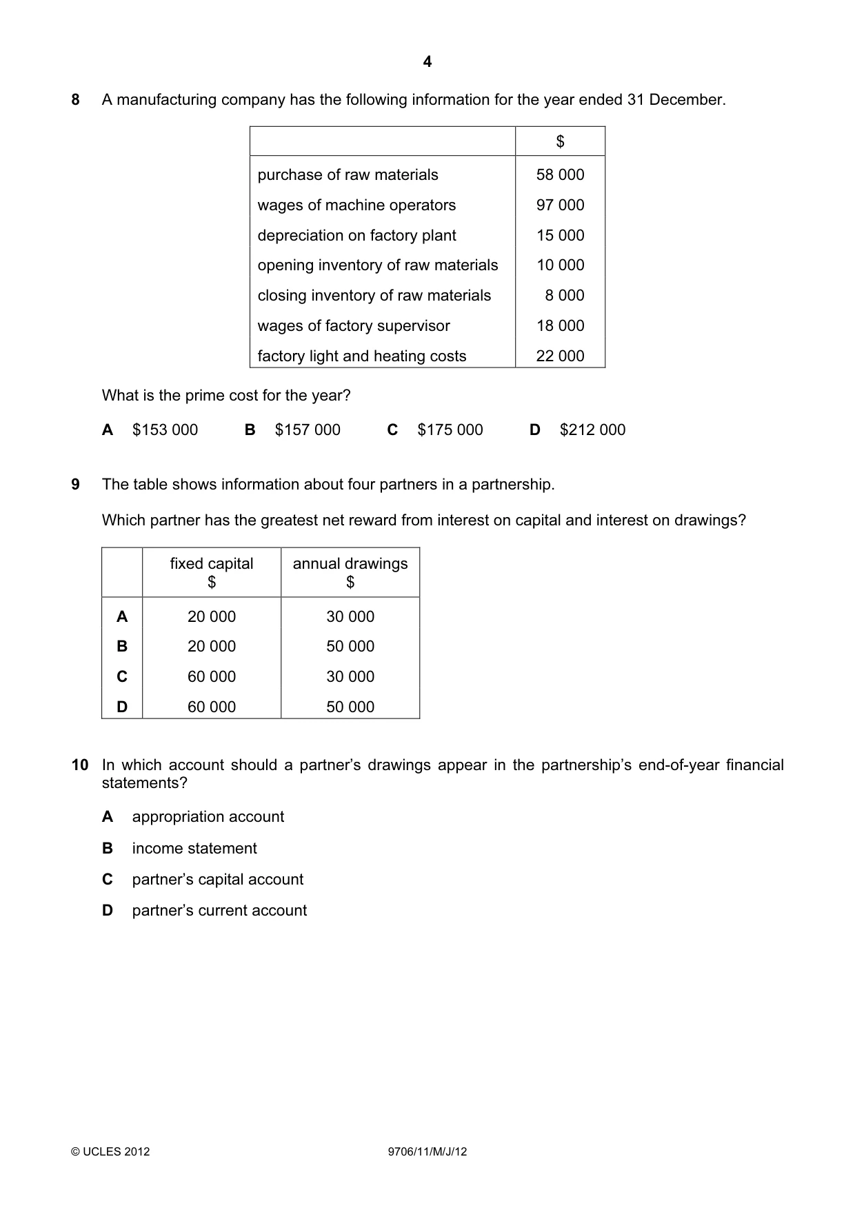 Cambridge A Level Accounting 9706 2012 May/June Paper 1 · Variant 1 question paper, page 4 of 12