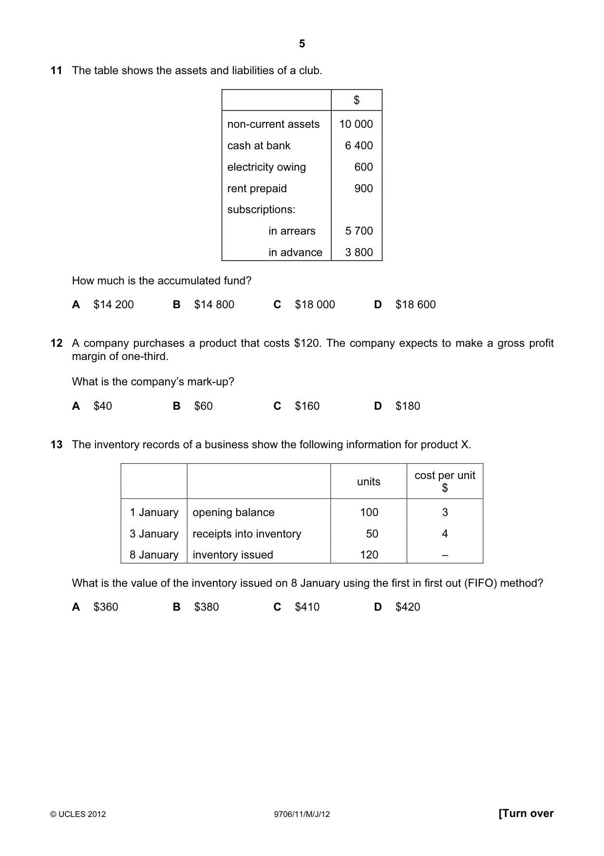 Cambridge A Level Accounting 9706 2012 May/June Paper 1 · Variant 1 question paper, page 5 of 12