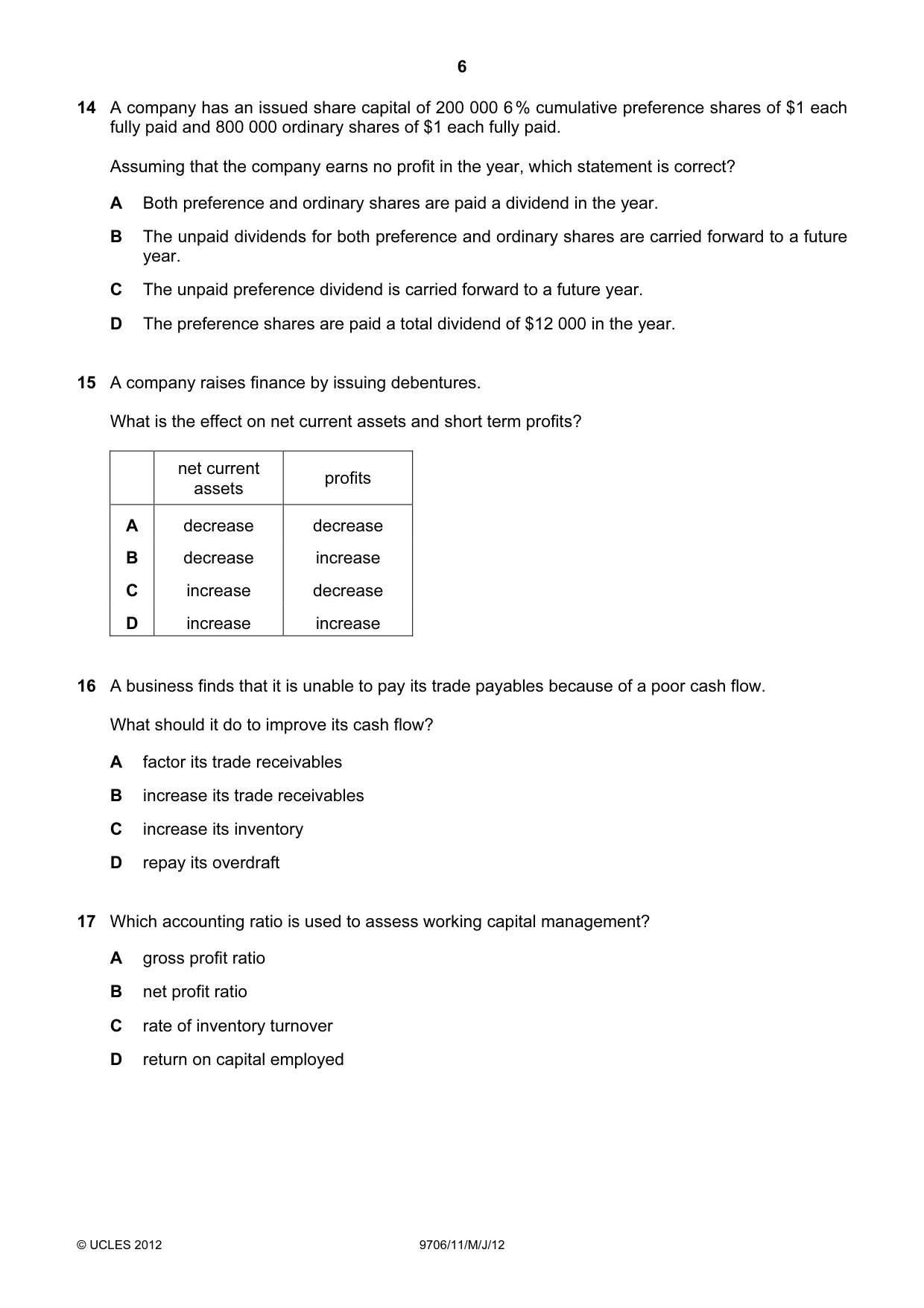 Cambridge A Level Accounting 9706 2012 May/June Paper 1 · Variant 1 question paper, page 6 of 12