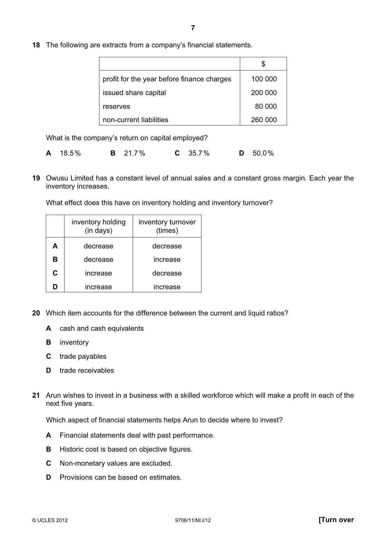 Cambridge A Level Accounting 9706 2012 May/June Paper 1 · Variant 1 question paper, page 7 of 12