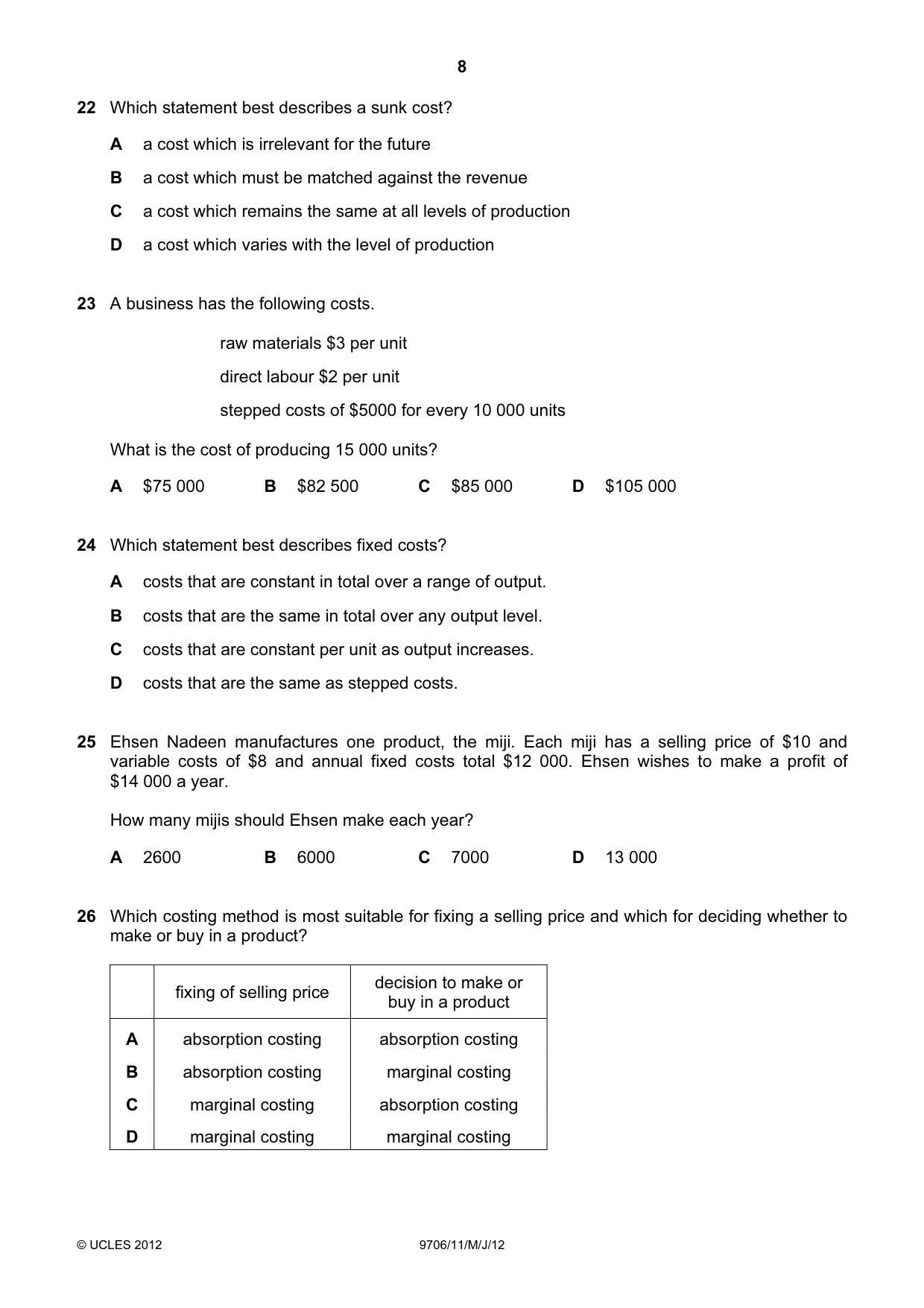 Cambridge A Level Accounting 9706 2012 May/June Paper 1 · Variant 1 question paper, page 8 of 12