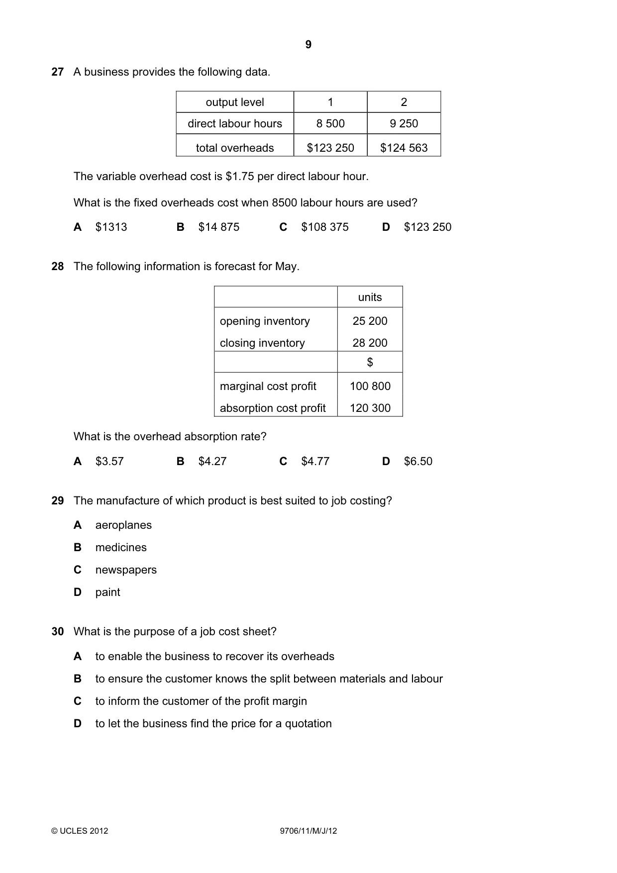 Cambridge A Level Accounting 9706 2012 May/June Paper 1 · Variant 1 question paper, page 9 of 12