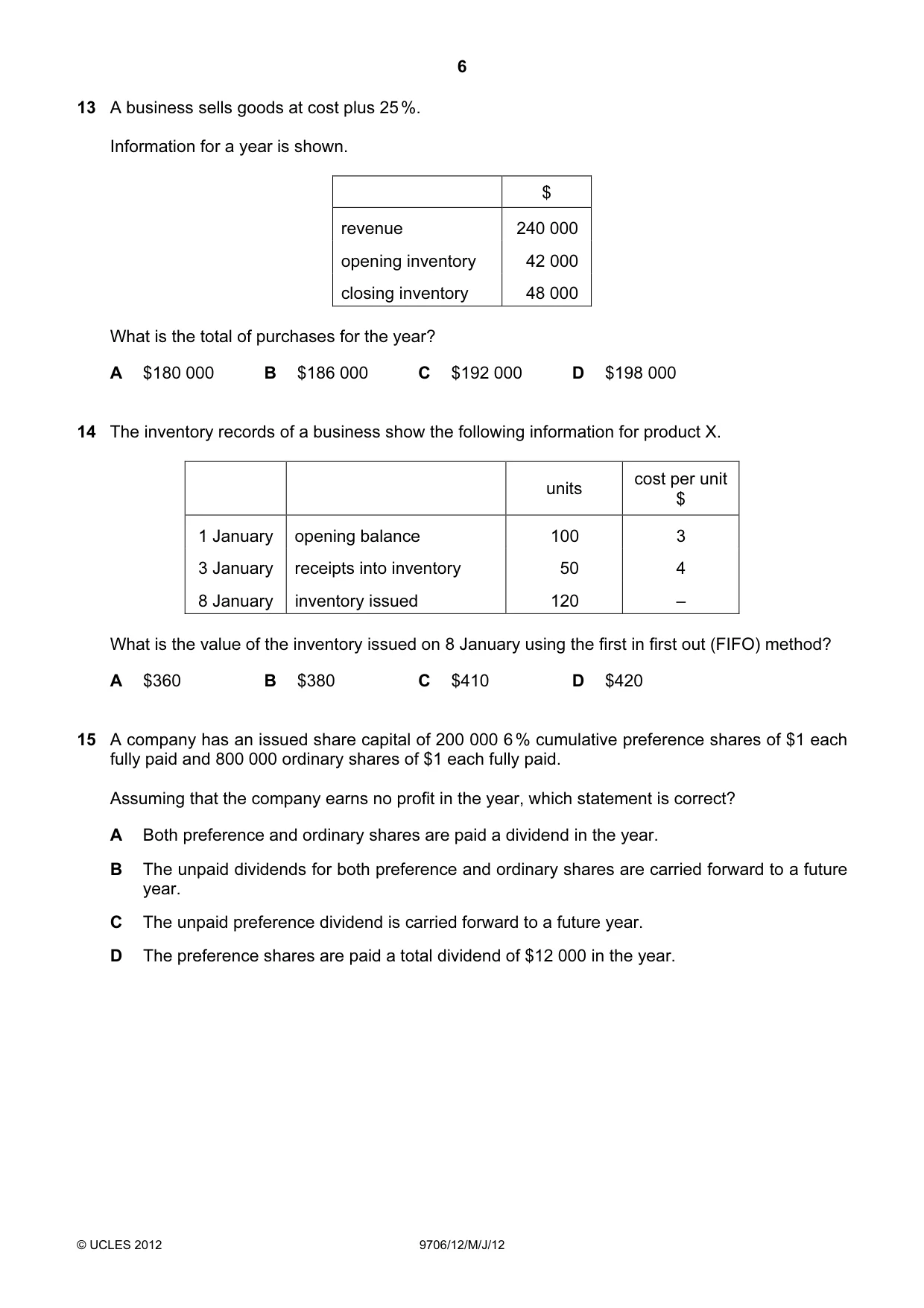 Cambridge A Level Accounting 9706 2012 May/June Paper 1 · Variant 2 question paper, page 6 of 12