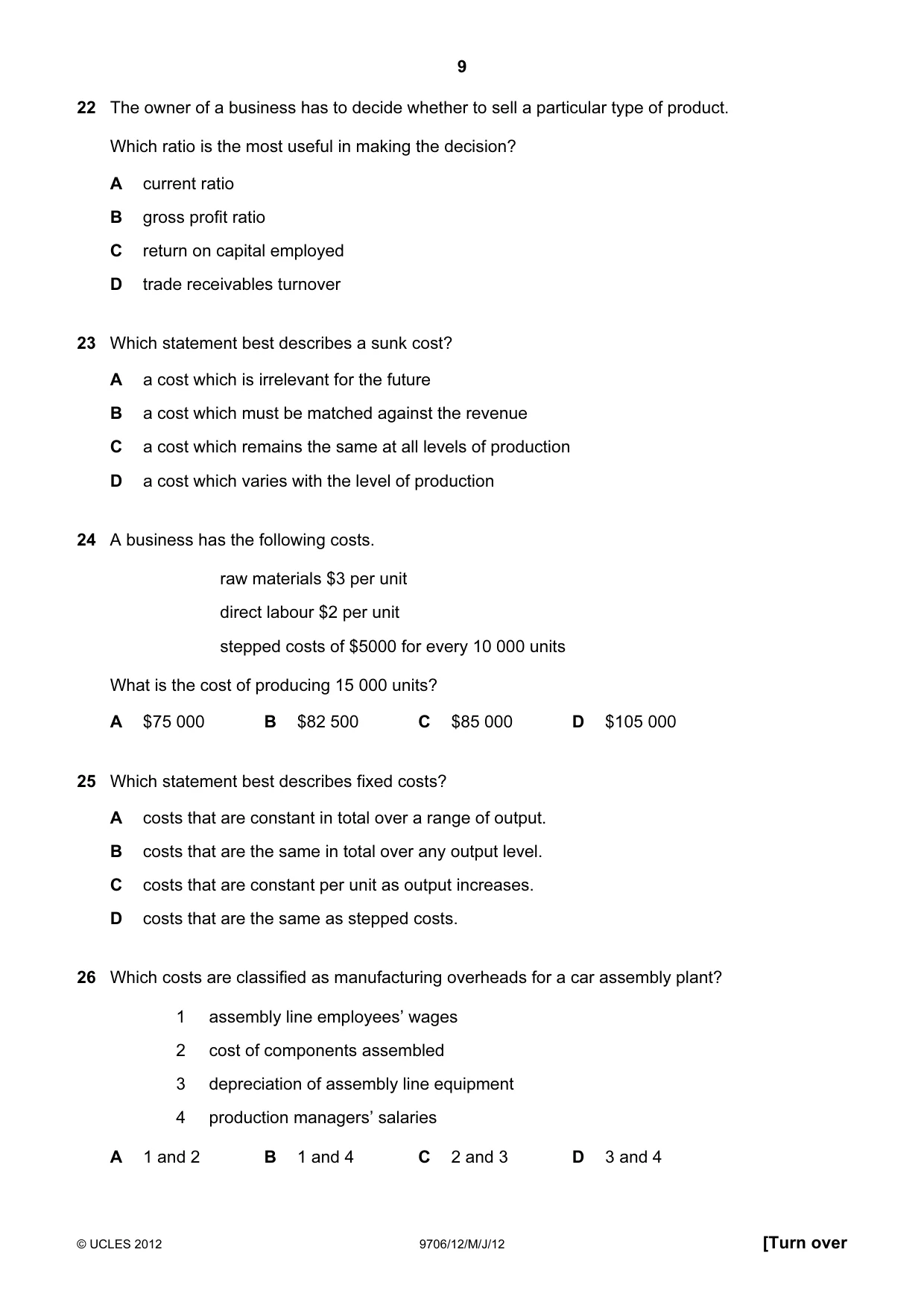 Cambridge A Level Accounting 9706 2012 May/June Paper 1 · Variant 2 question paper, page 9 of 12