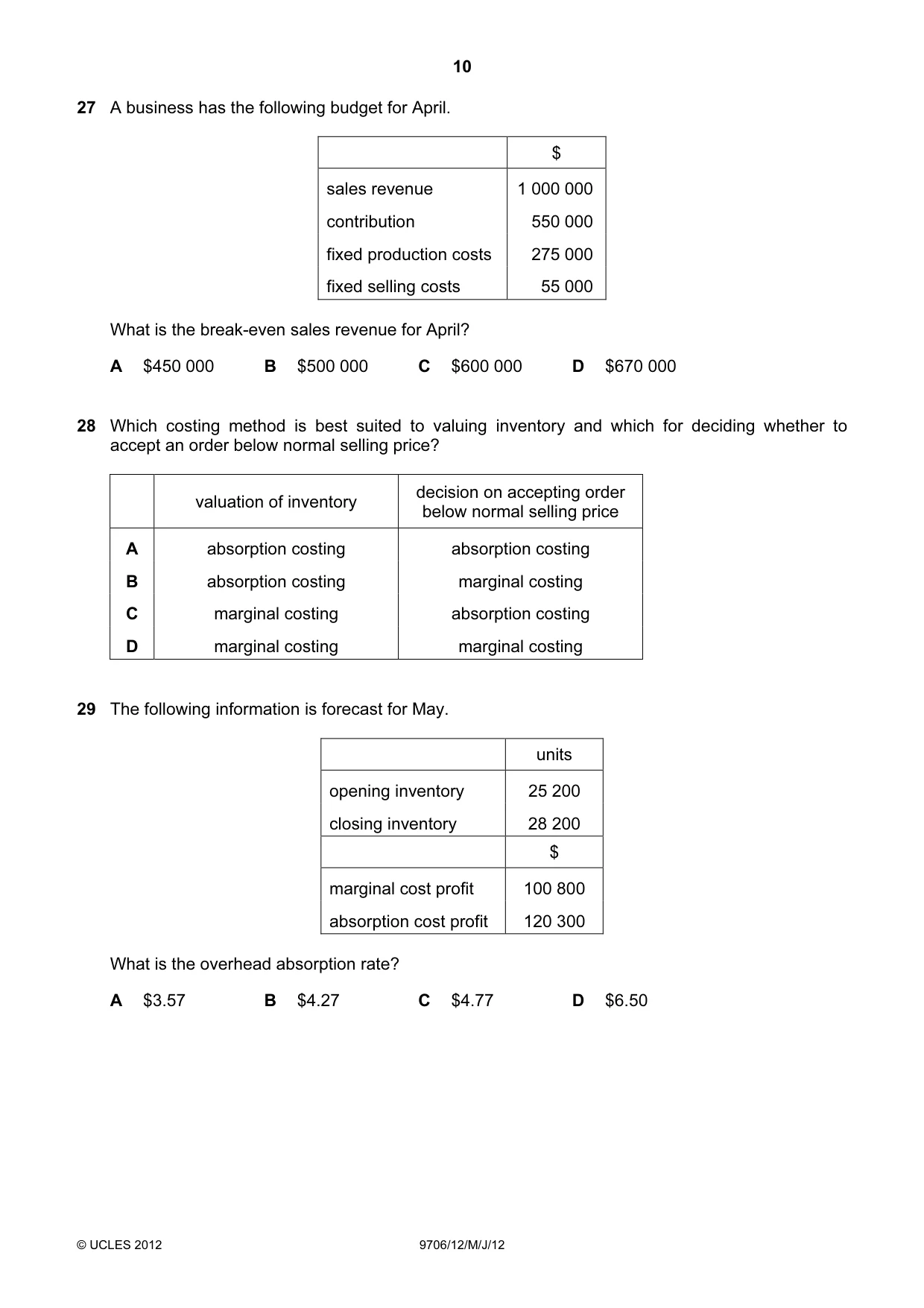 Cambridge A Level Accounting 9706 2012 May/June Paper 1 · Variant 2 question paper, page 10 of 12