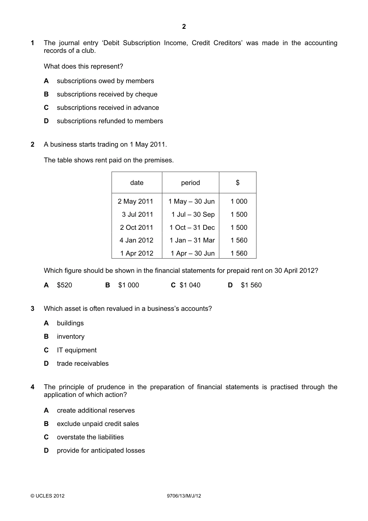 Cambridge A Level Accounting 9706 2012 May/June Paper 1 · Variant 3 question paper, page 2 of 12