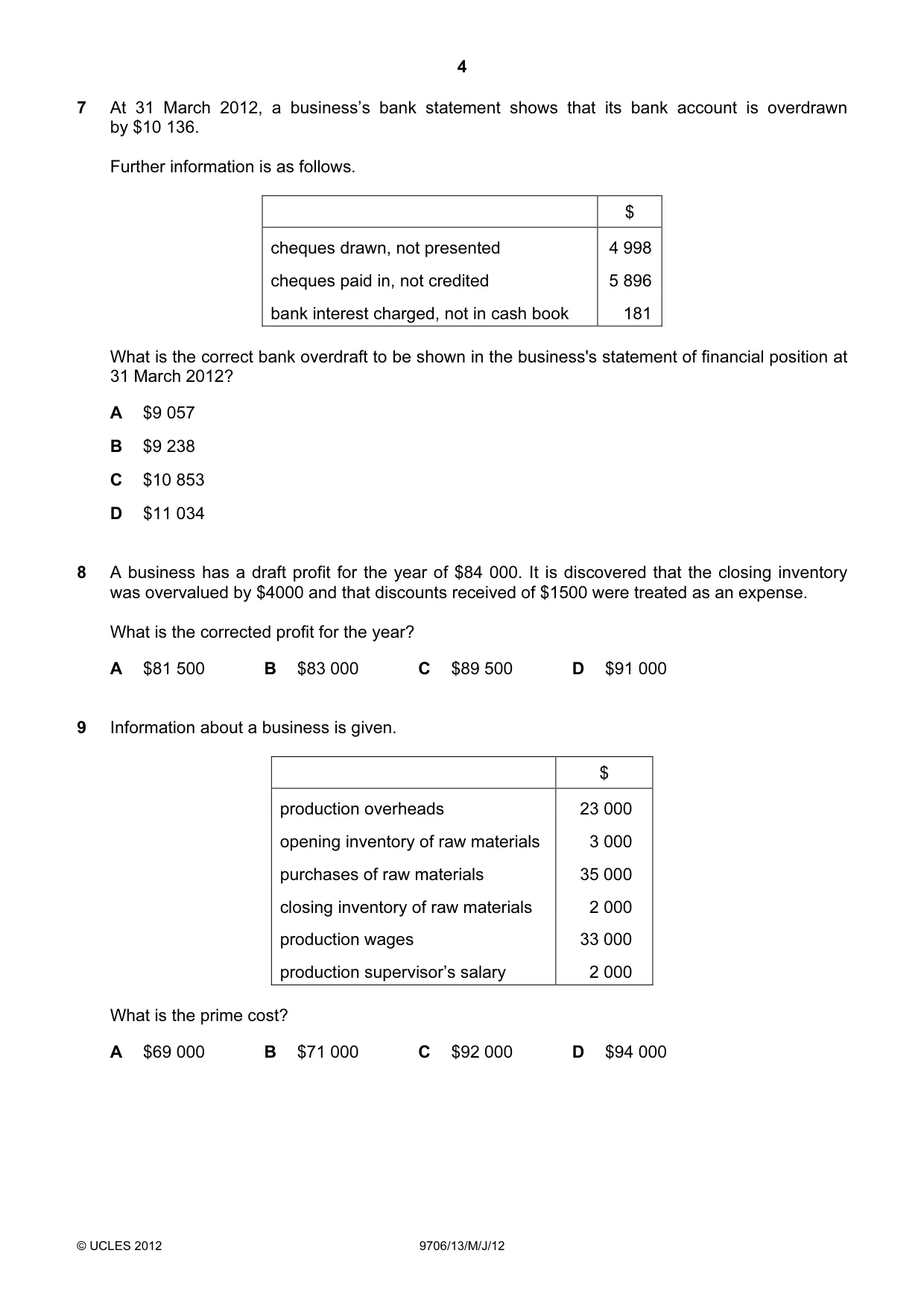 Cambridge A Level Accounting 9706 2012 May/June Paper 1 · Variant 3 question paper, page 4 of 12