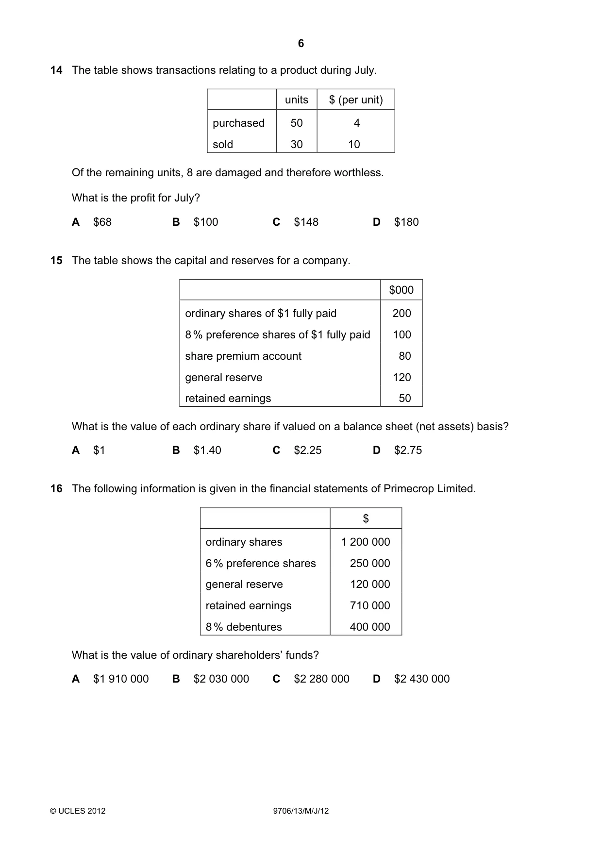 Cambridge A Level Accounting 9706 2012 May/June Paper 1 · Variant 3 question paper, page 6 of 12