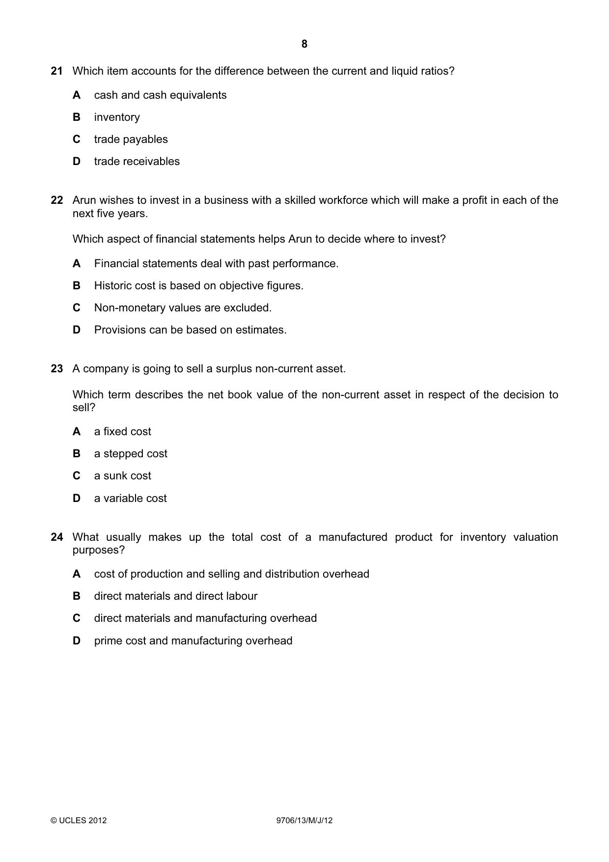 Cambridge A Level Accounting 9706 2012 May/June Paper 1 · Variant 3 question paper, page 8 of 12