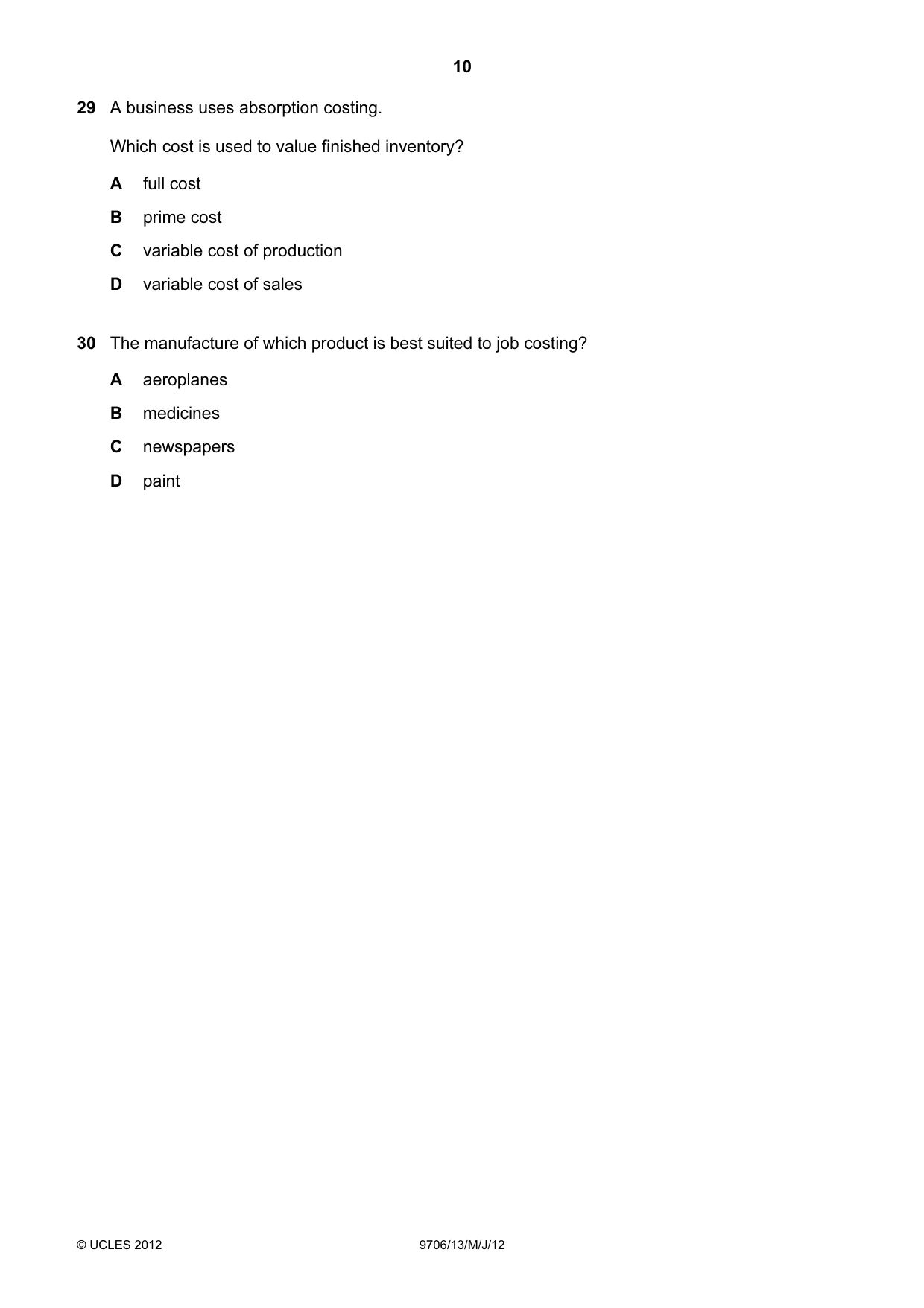 Cambridge A Level Accounting 9706 2012 May/June Paper 1 · Variant 3 question paper, page 10 of 12