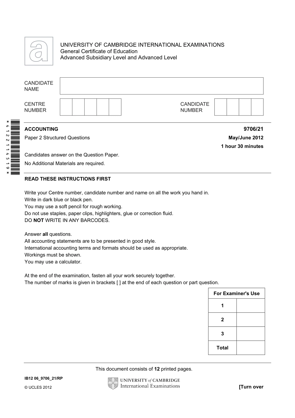 Cambridge A Level Accounting 9706 2012 May/June Paper 2 · Variant 1 question paper, page 1 of 12