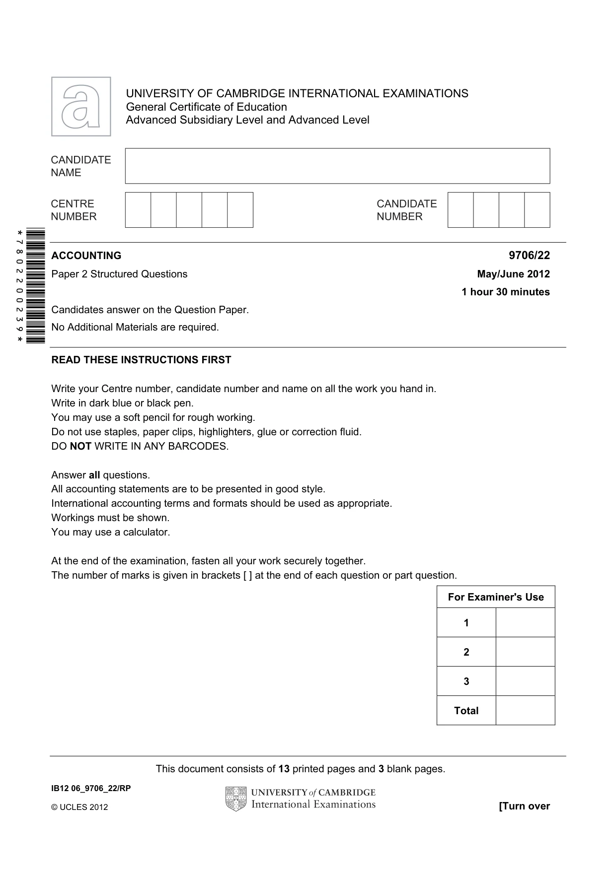Cambridge A Level Accounting 9706 2012 May/June Paper 2 · Variant 2 question paper, page 1 of 16