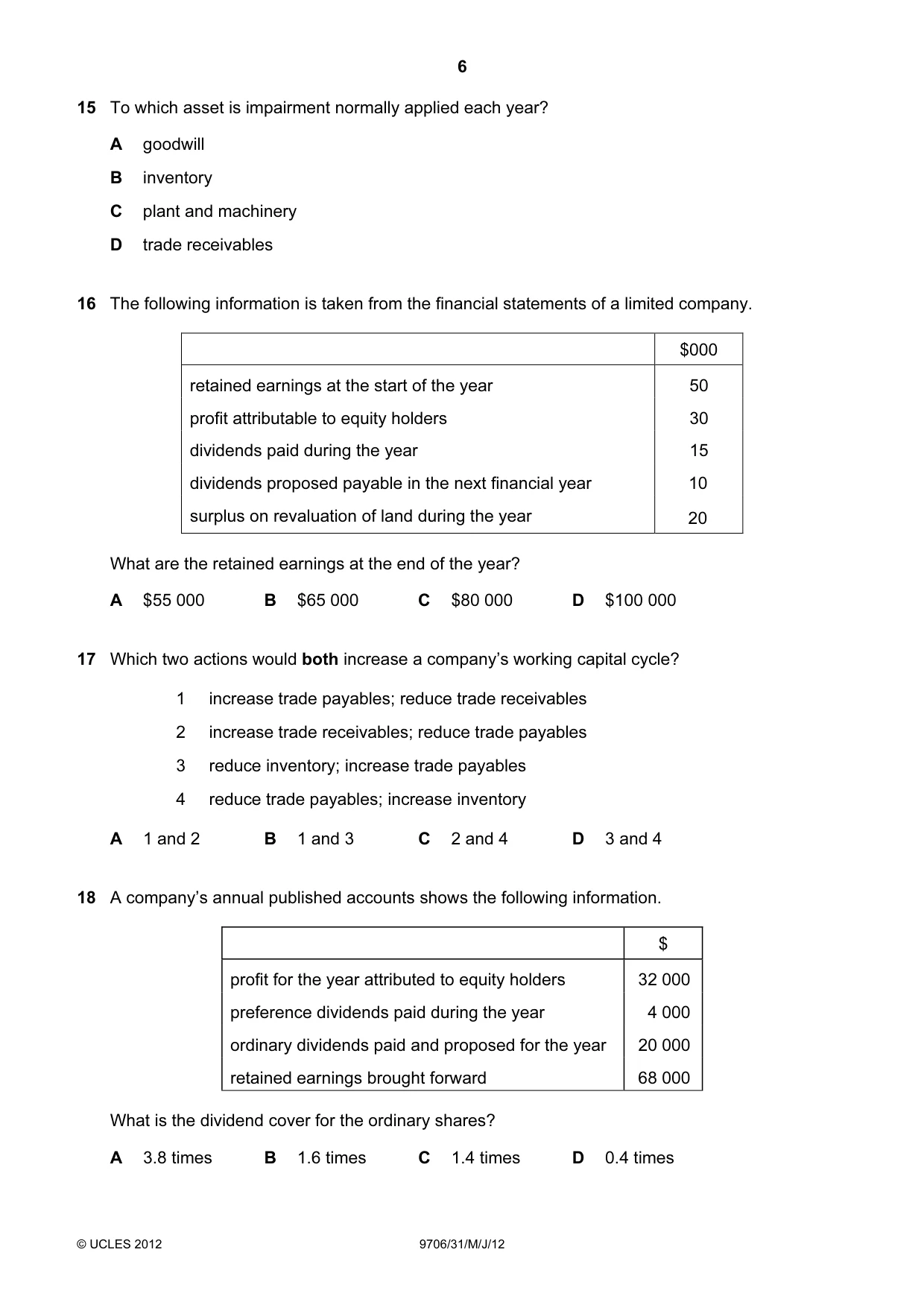 Cambridge A Level Accounting 9706 2012 May/June Paper 3 · Variant 1 question paper, page 6 of 12