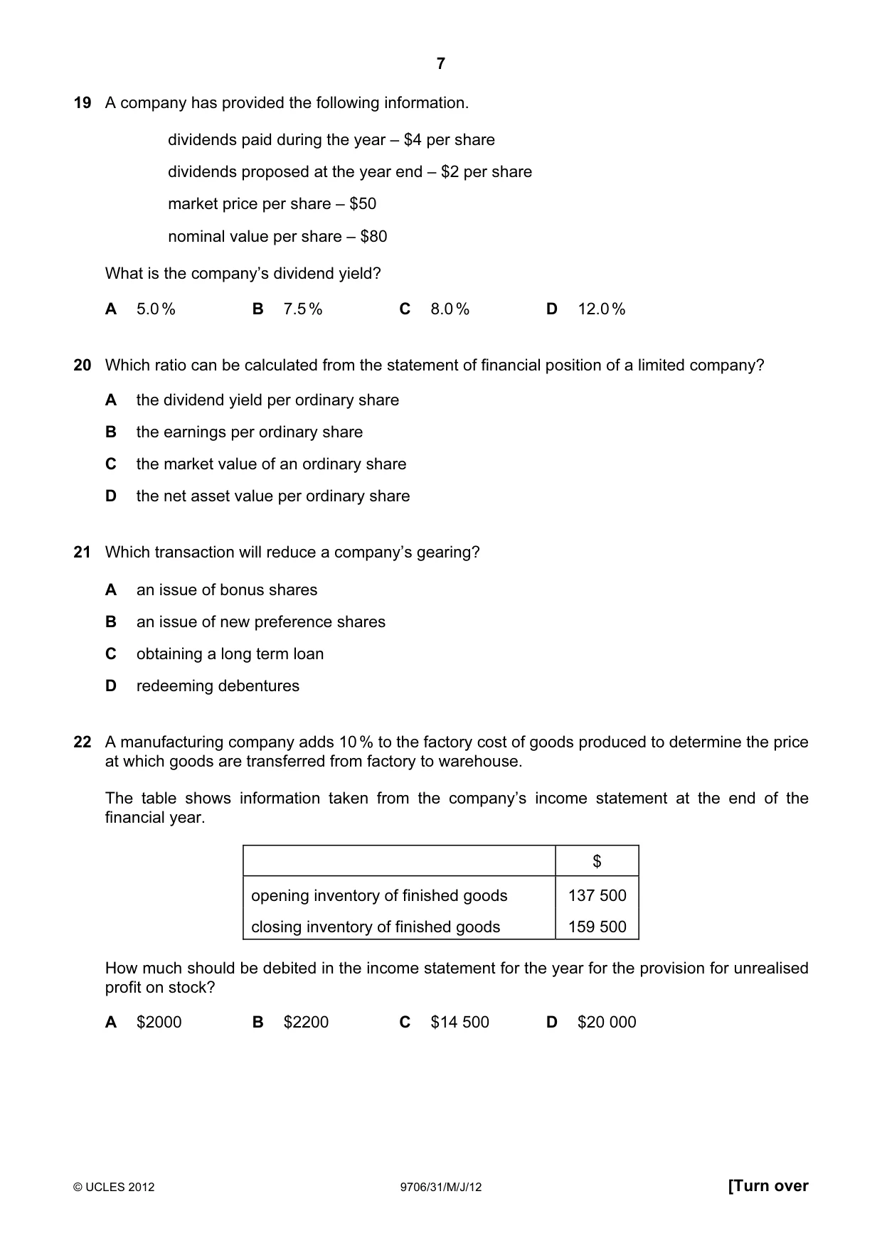 Cambridge A Level Accounting 9706 2012 May/June Paper 3 · Variant 1 question paper, page 7 of 12