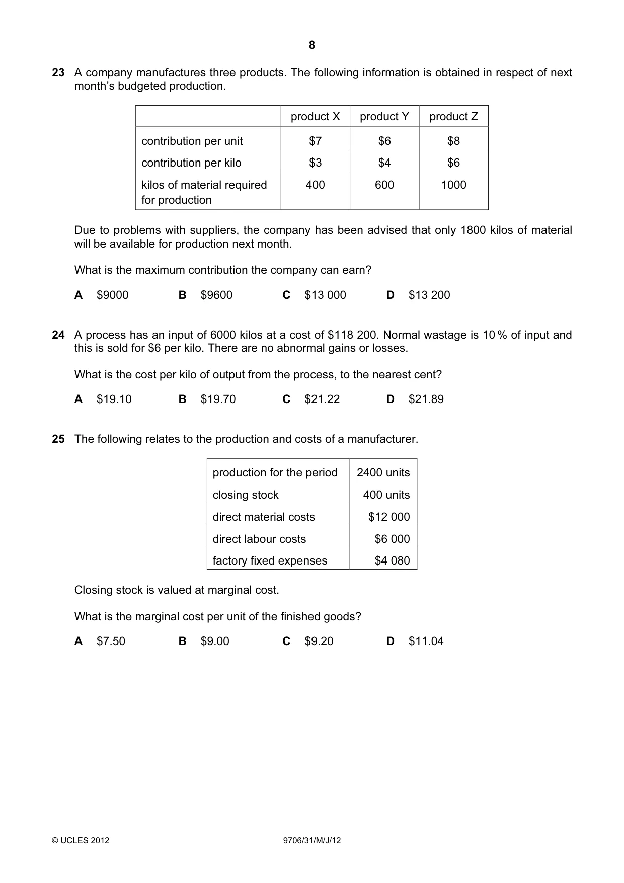 Cambridge A Level Accounting 9706 2012 May/June Paper 3 · Variant 1 question paper, page 8 of 12