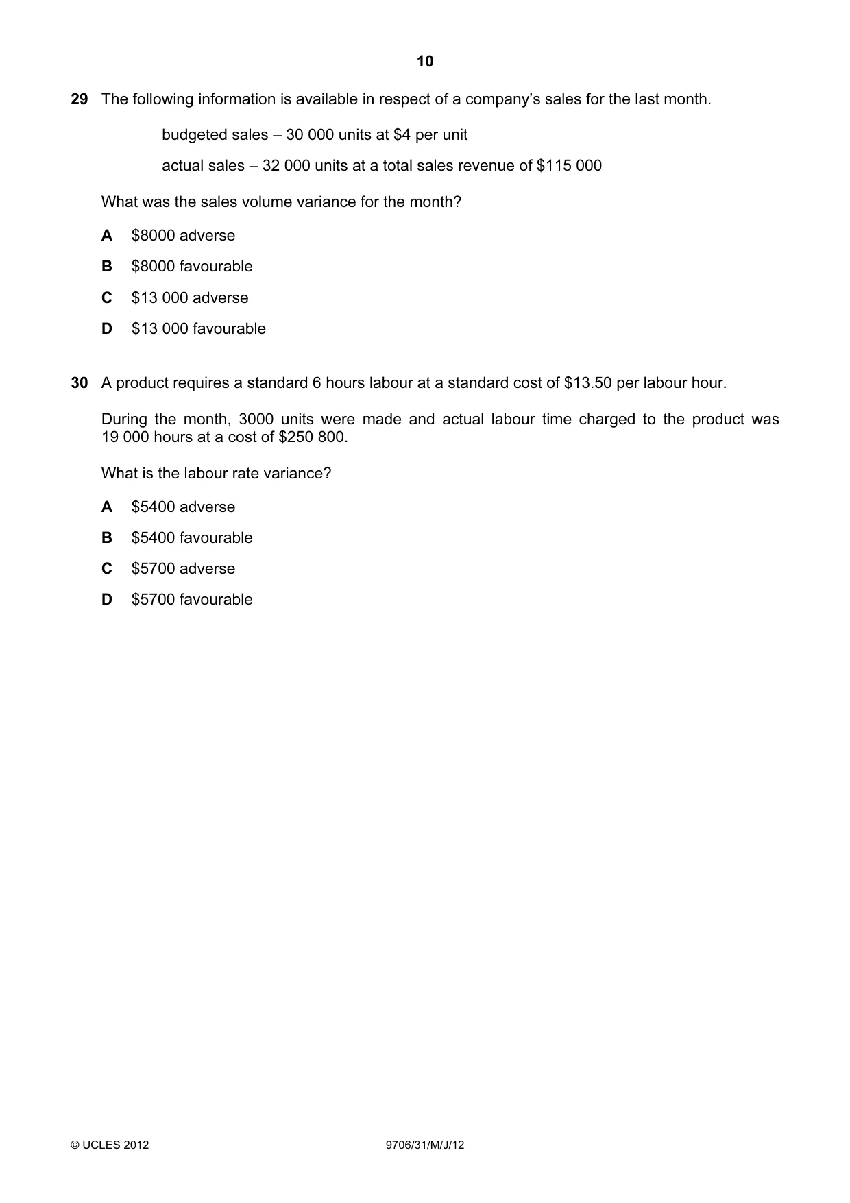Cambridge A Level Accounting 9706 2012 May/June Paper 3 · Variant 1 question paper, page 10 of 12