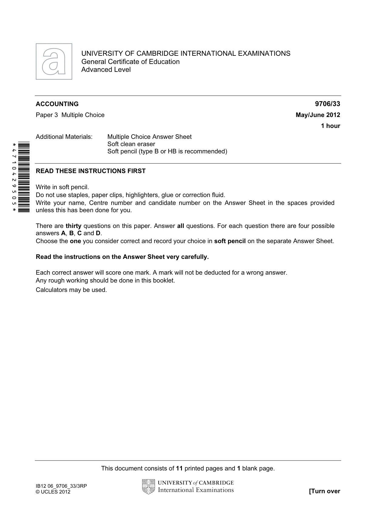 Cambridge A Level Accounting 9706 2012 May/June Paper 3 · Variant 3 question paper, page 1 of 12