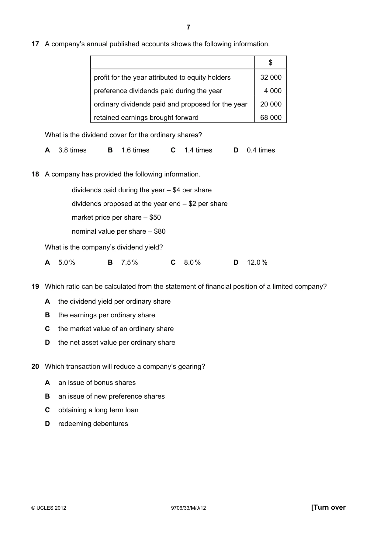Cambridge A Level Accounting 9706 2012 May/June Paper 3 · Variant 3 question paper, page 7 of 12