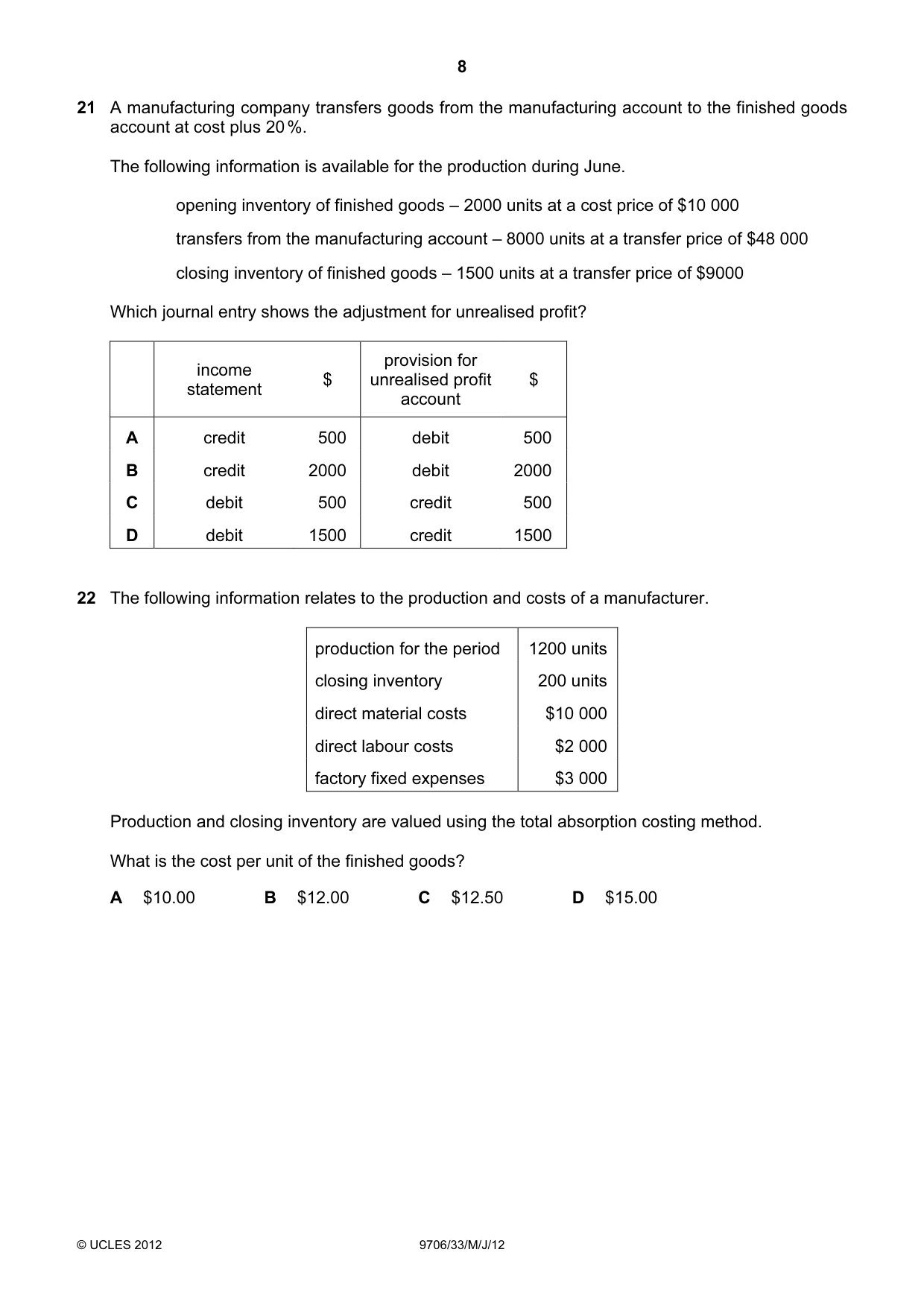 Cambridge A Level Accounting 9706 2012 May/June Paper 3 · Variant 3 question paper, page 8 of 12