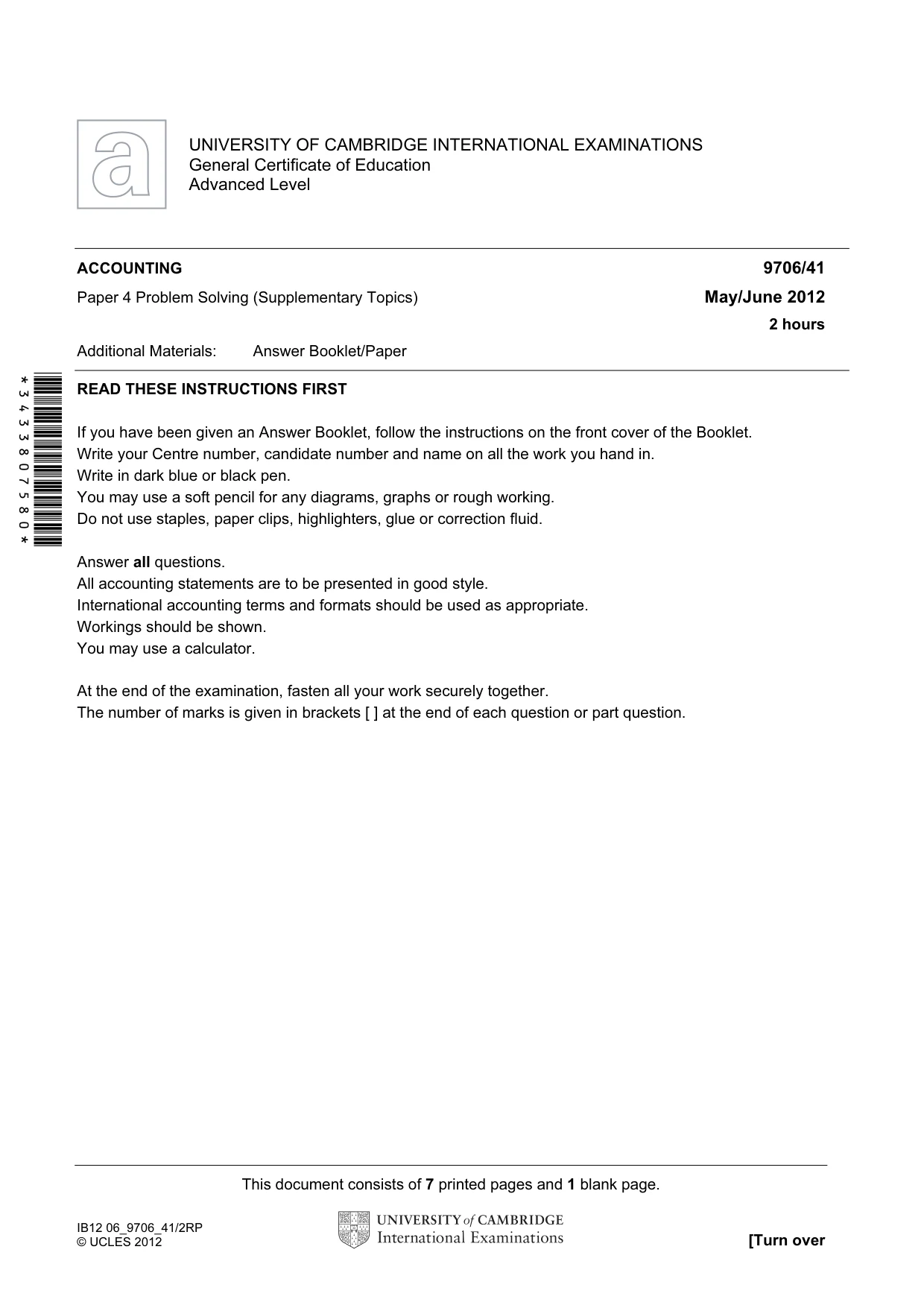 Cambridge A Level Accounting 9706 2012 May/June Paper 4 · Variant 1 question paper, page 1 of 8