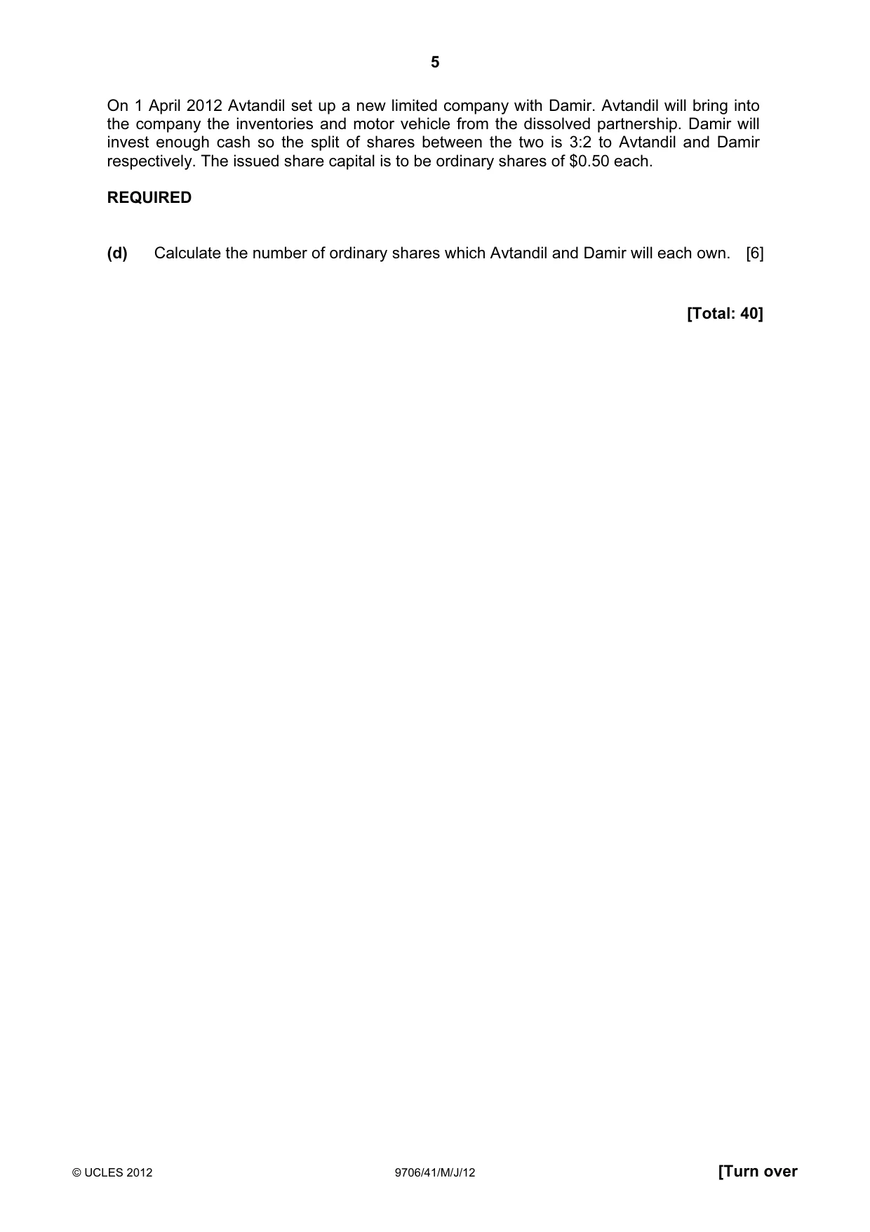 Cambridge A Level Accounting 9706 2012 May/June Paper 4 · Variant 1 question paper, page 5 of 8