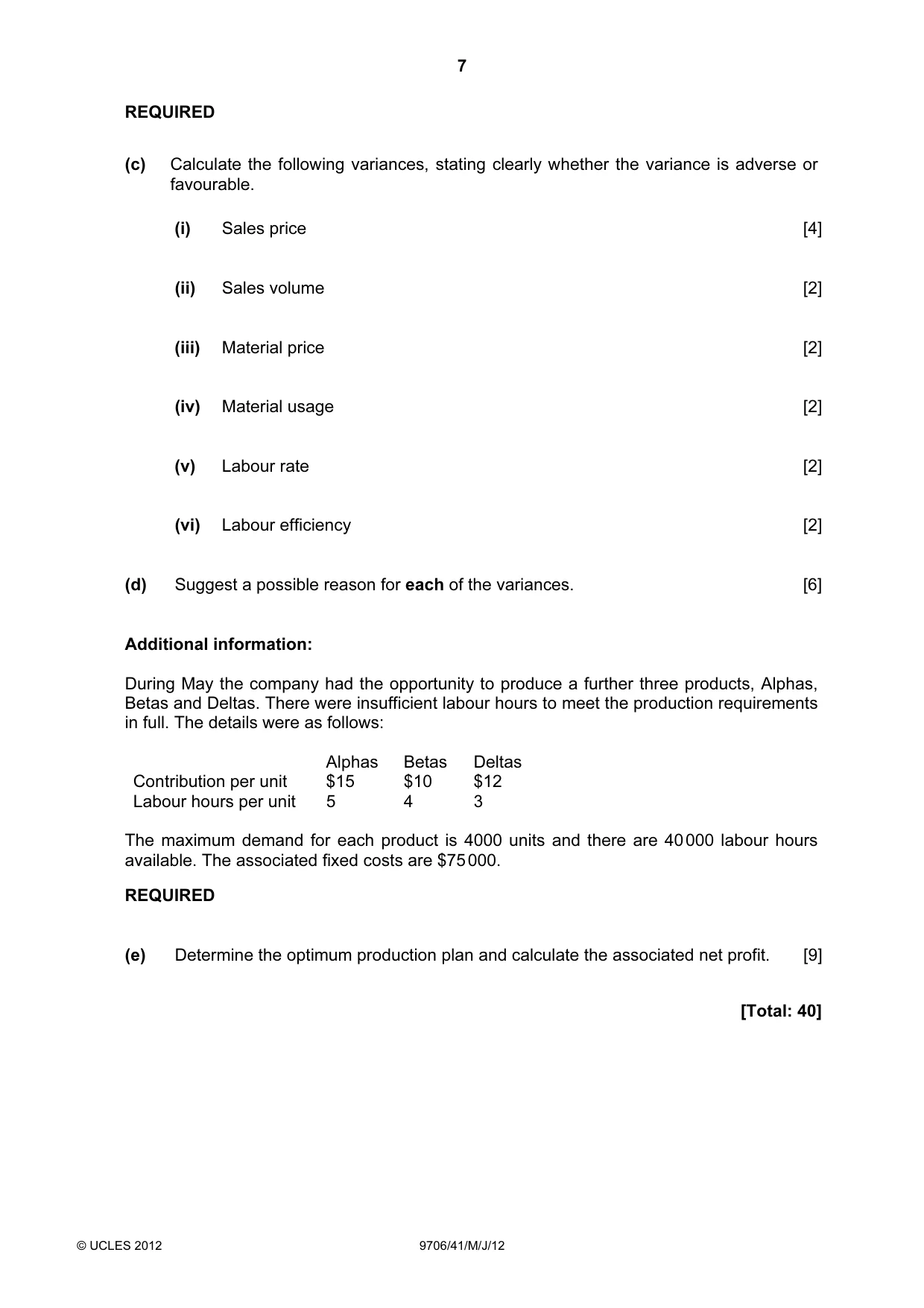 Cambridge A Level Accounting 9706 2012 May/June Paper 4 · Variant 1 question paper, page 7 of 8