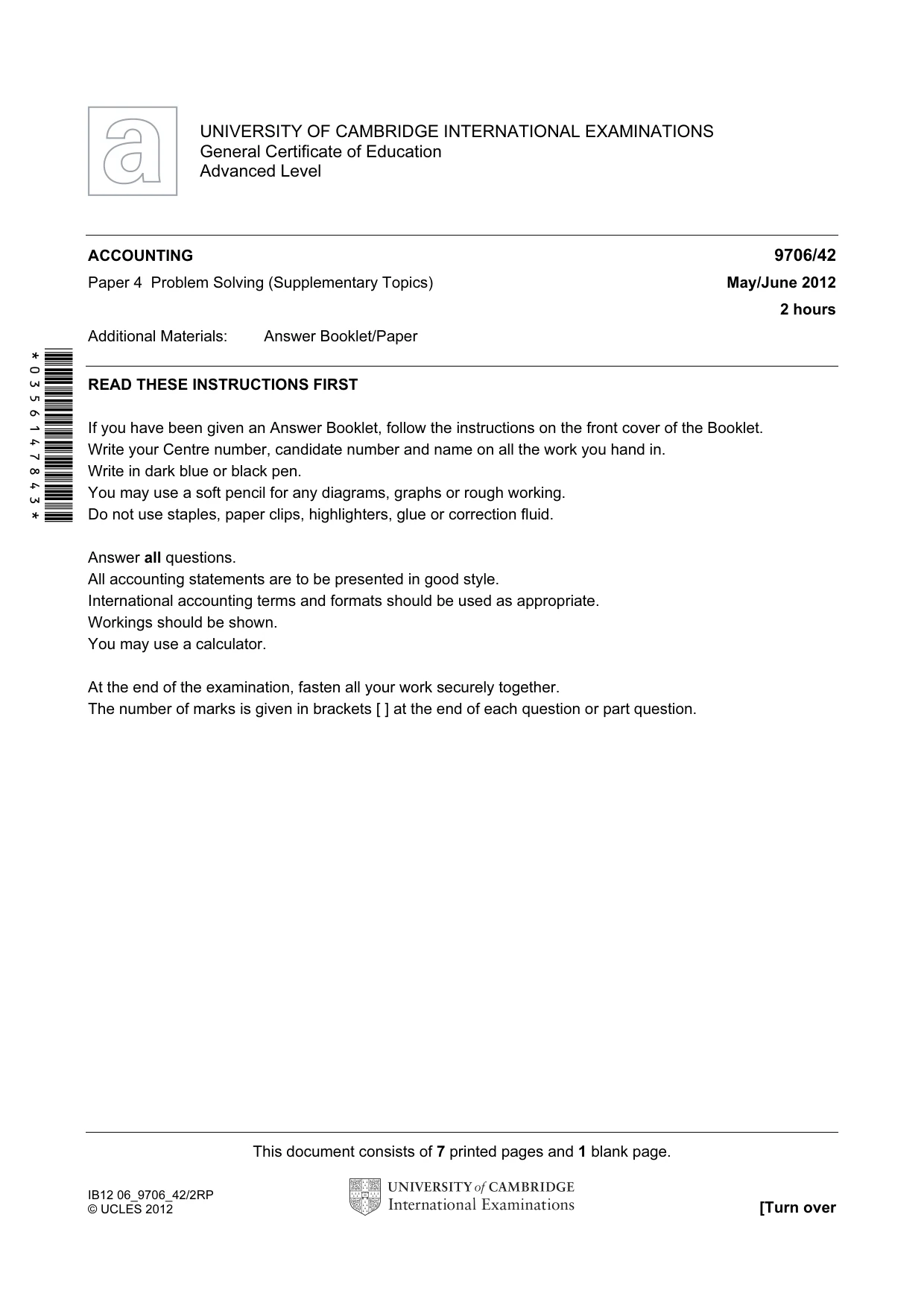 Cambridge A Level Accounting 9706 2012 May/June Paper 4 · Variant 2 question paper, page 1 of 8