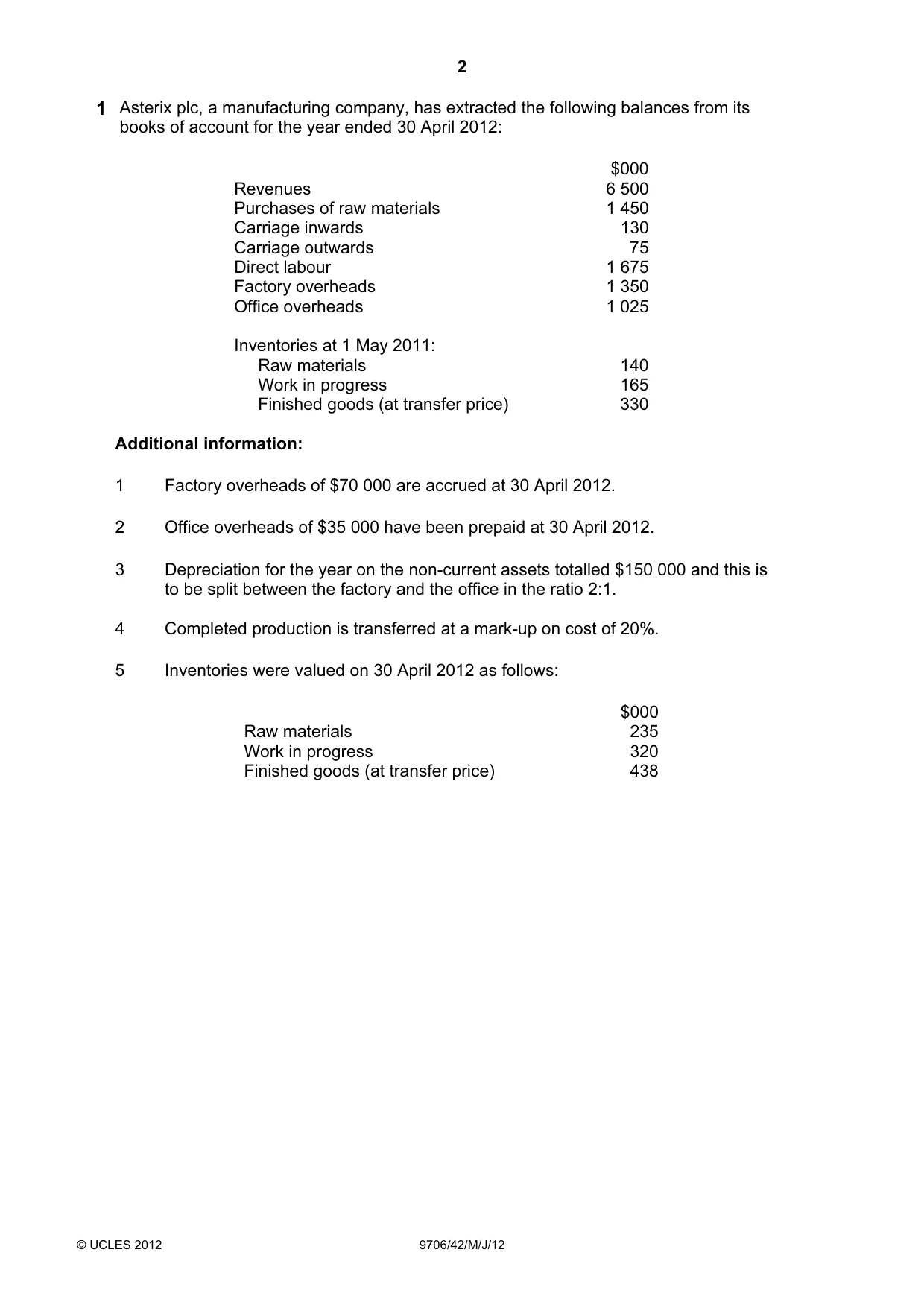 Cambridge A Level Accounting 9706 2012 May/June Paper 4 · Variant 2 question paper, page 2 of 8