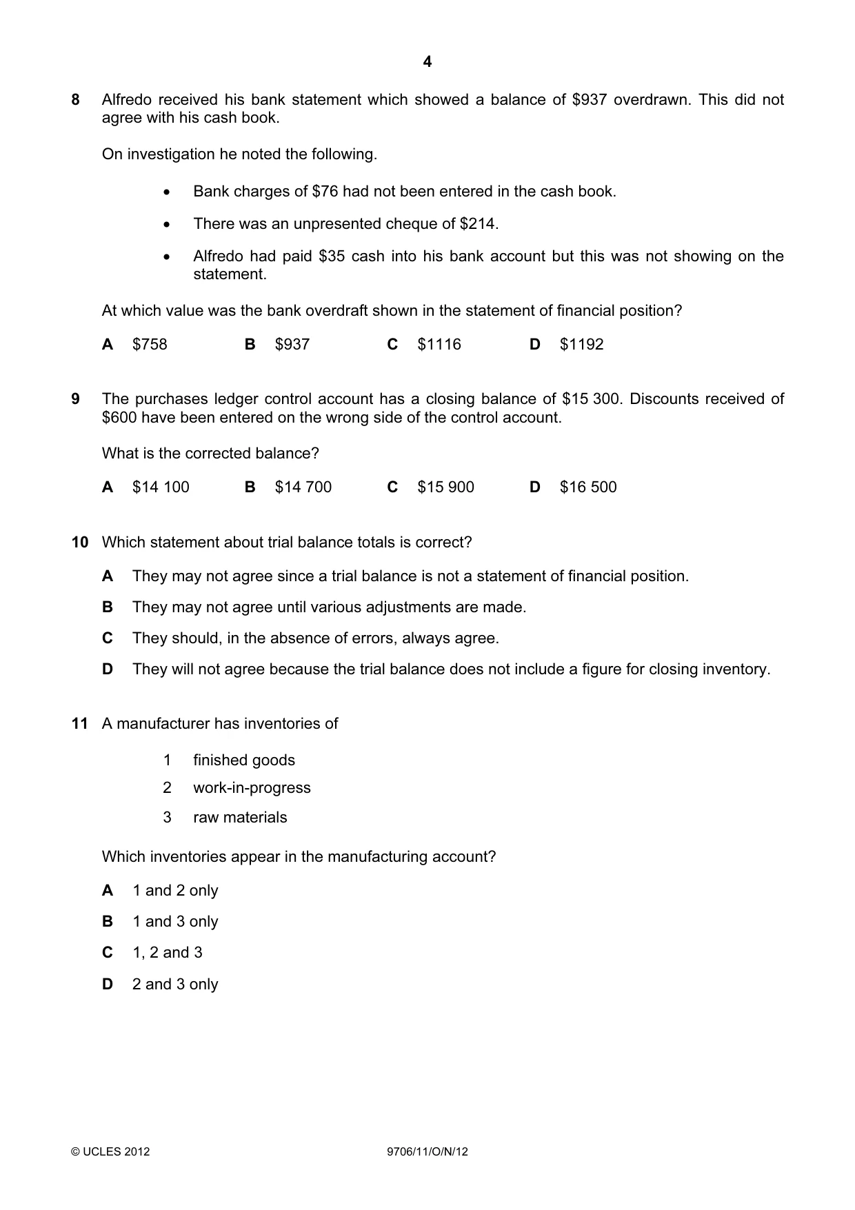 Cambridge A Level Accounting 9706 2012 Oct/Nov Paper 1 · Variant 1 question paper, page 4 of 12