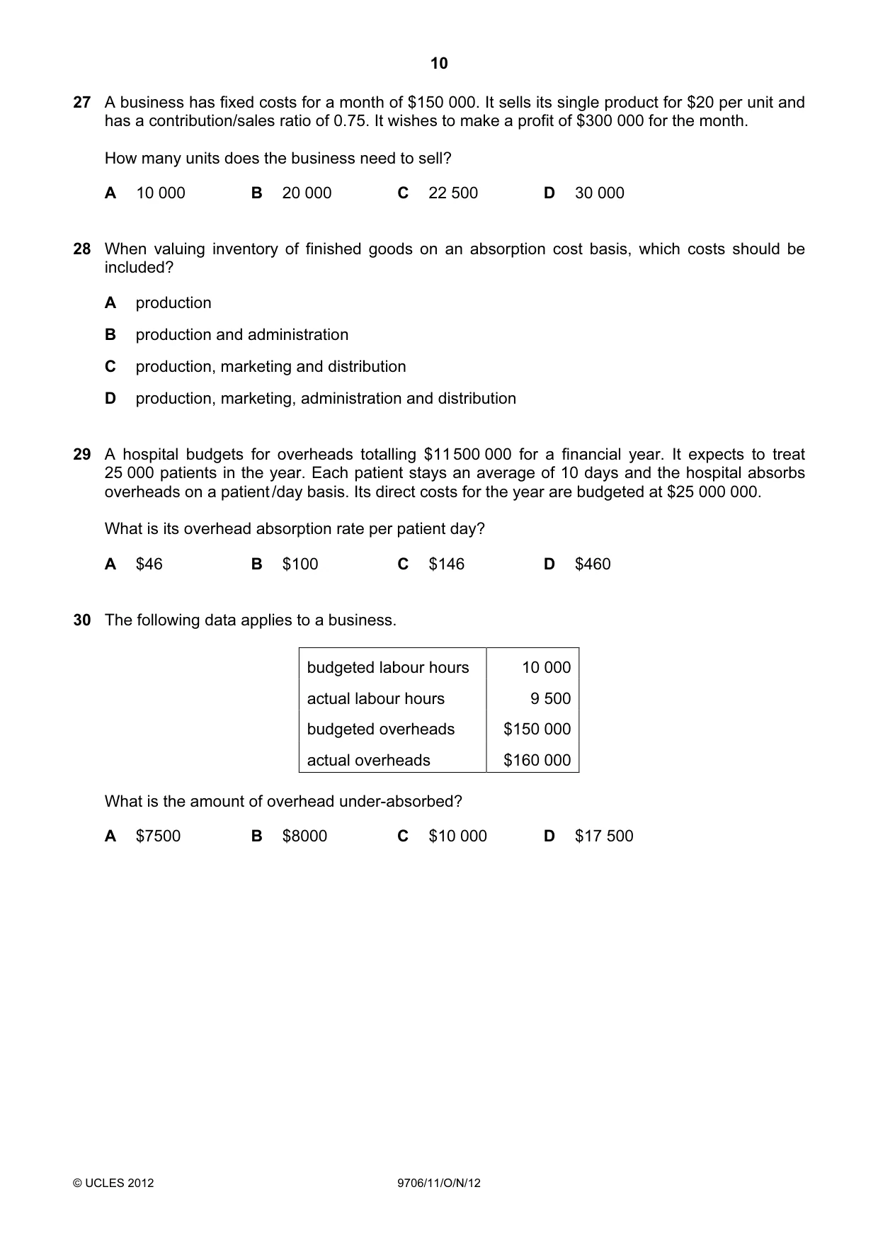 Cambridge A Level Accounting 9706 2012 Oct/Nov Paper 1 · Variant 1 question paper, page 10 of 12