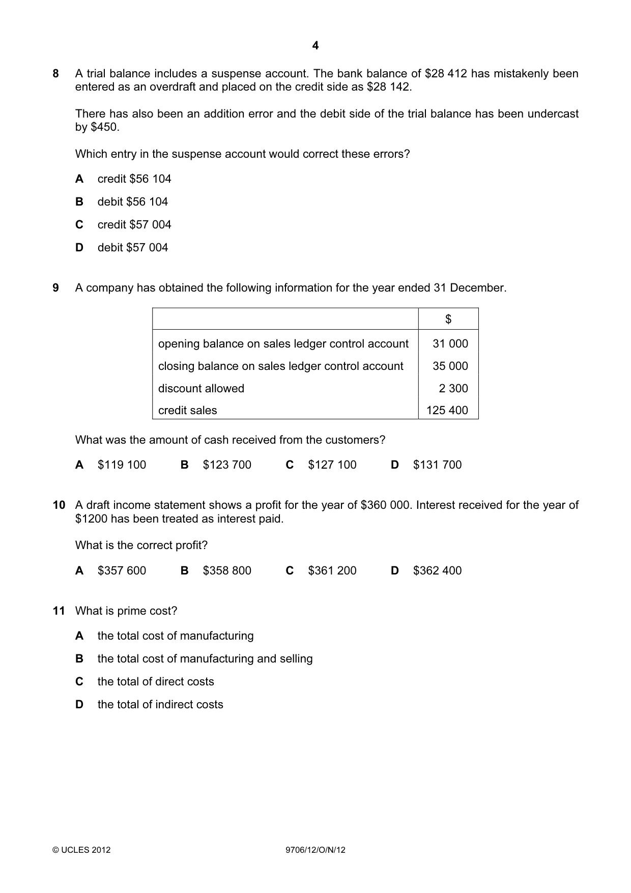 Cambridge A Level Accounting 9706 2012 Oct/Nov Paper 1 · Variant 2 question paper, page 4 of 12