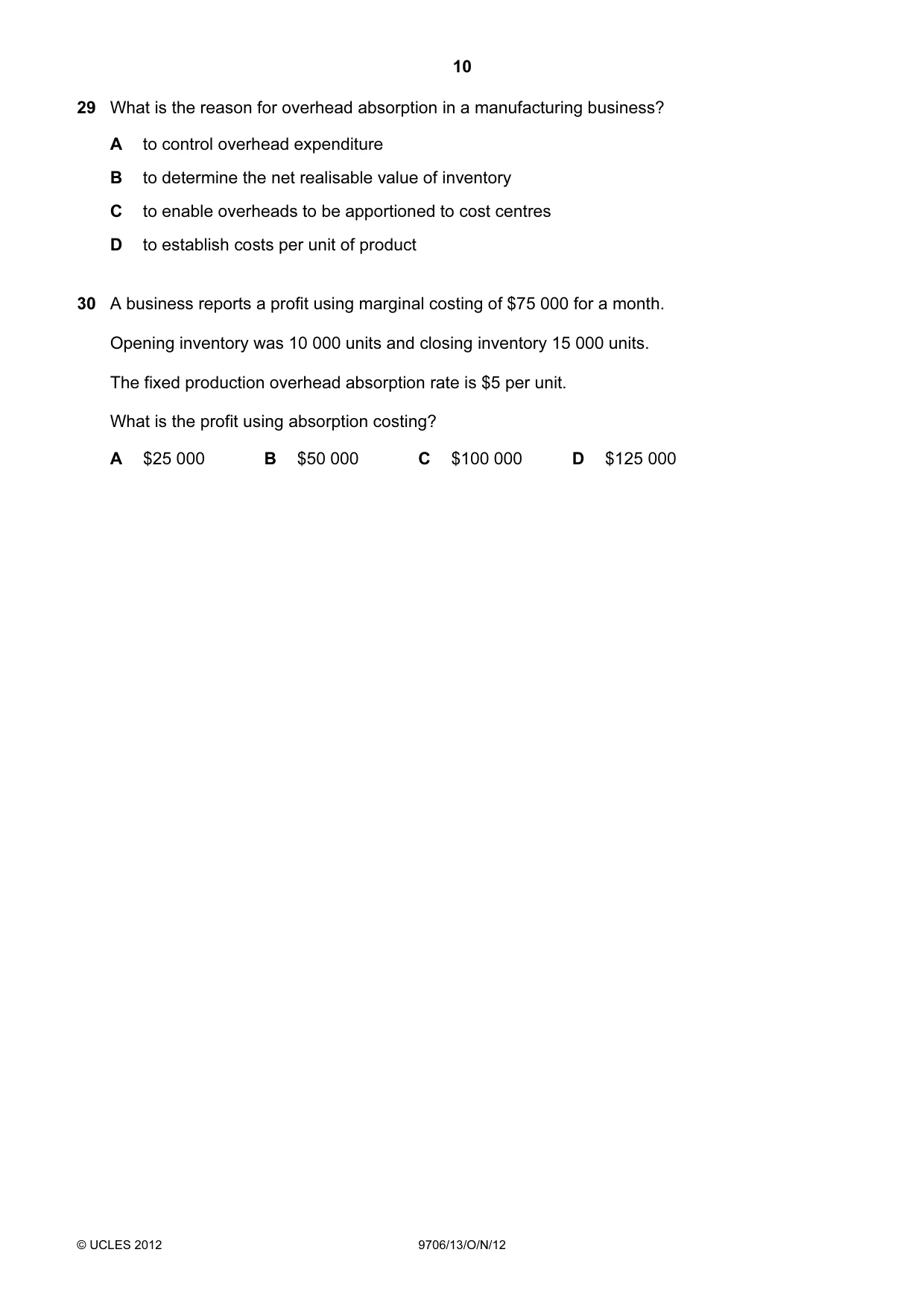 Cambridge A Level Accounting 9706 2012 Oct/Nov Paper 1 · Variant 3 question paper, page 10 of 12