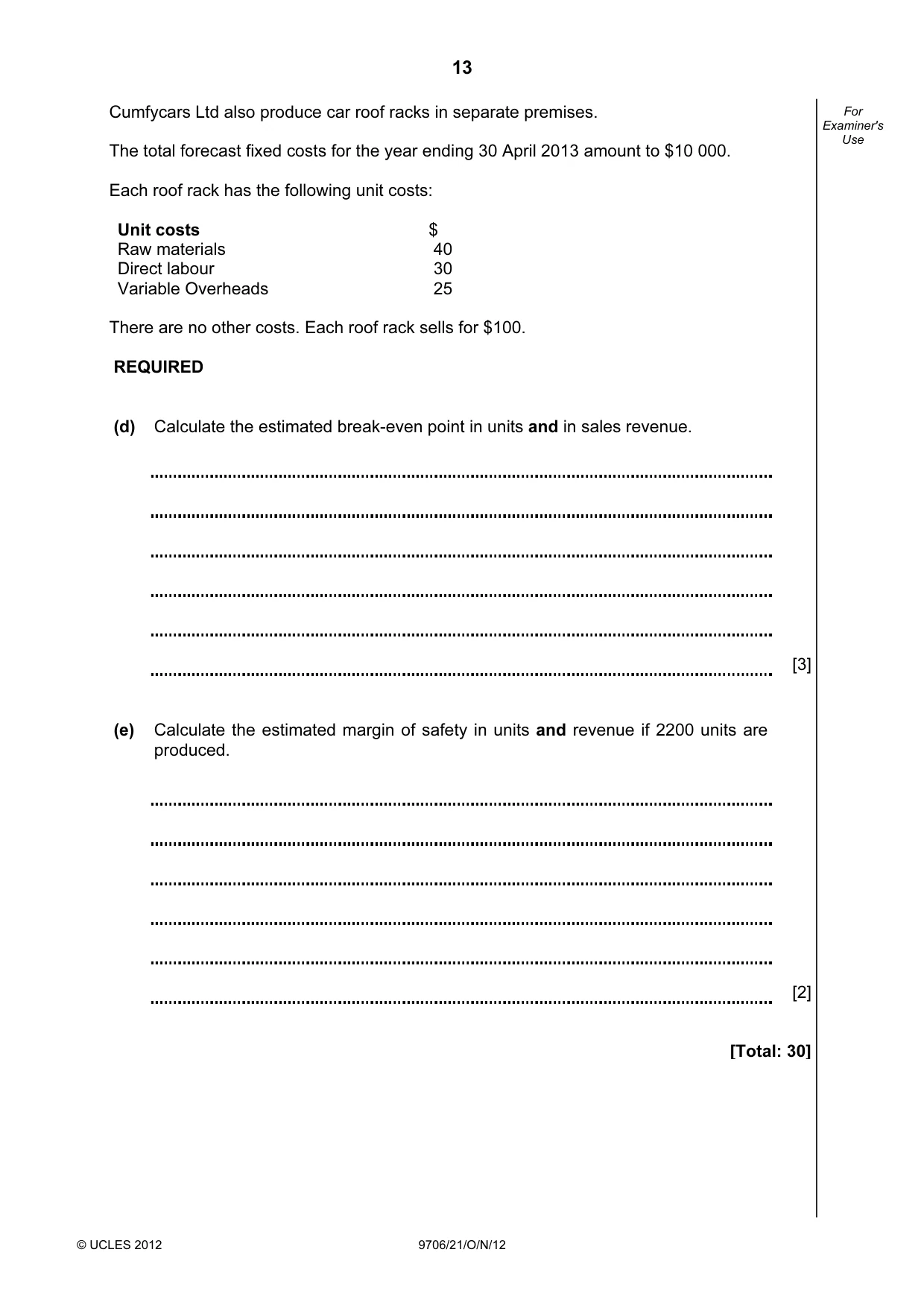 Cambridge A Level Accounting 9706 2012 Oct/Nov Paper 2 · Variant 1 question paper, page 13 of 16