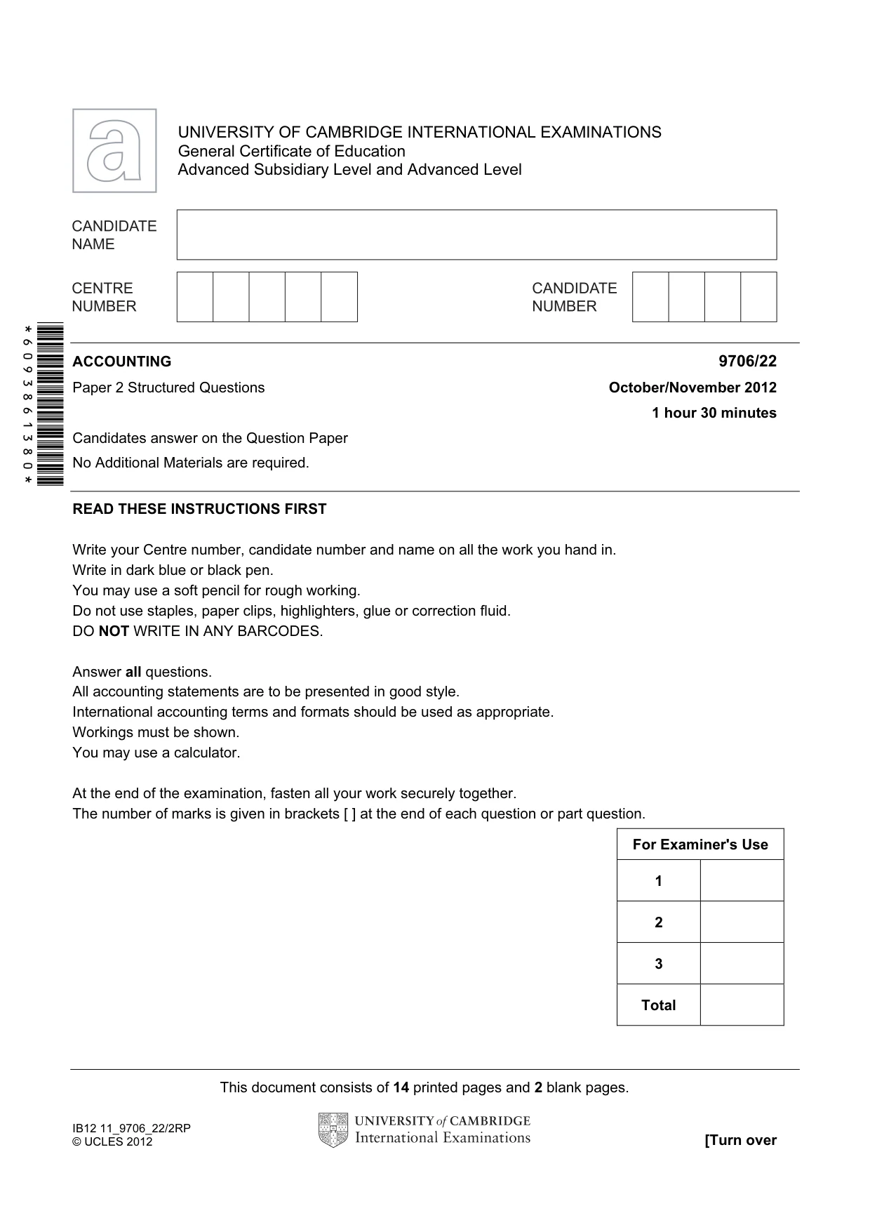 Cambridge A Level Accounting 9706 2012 Oct/Nov Paper 2 · Variant 2 question paper, page 1 of 16