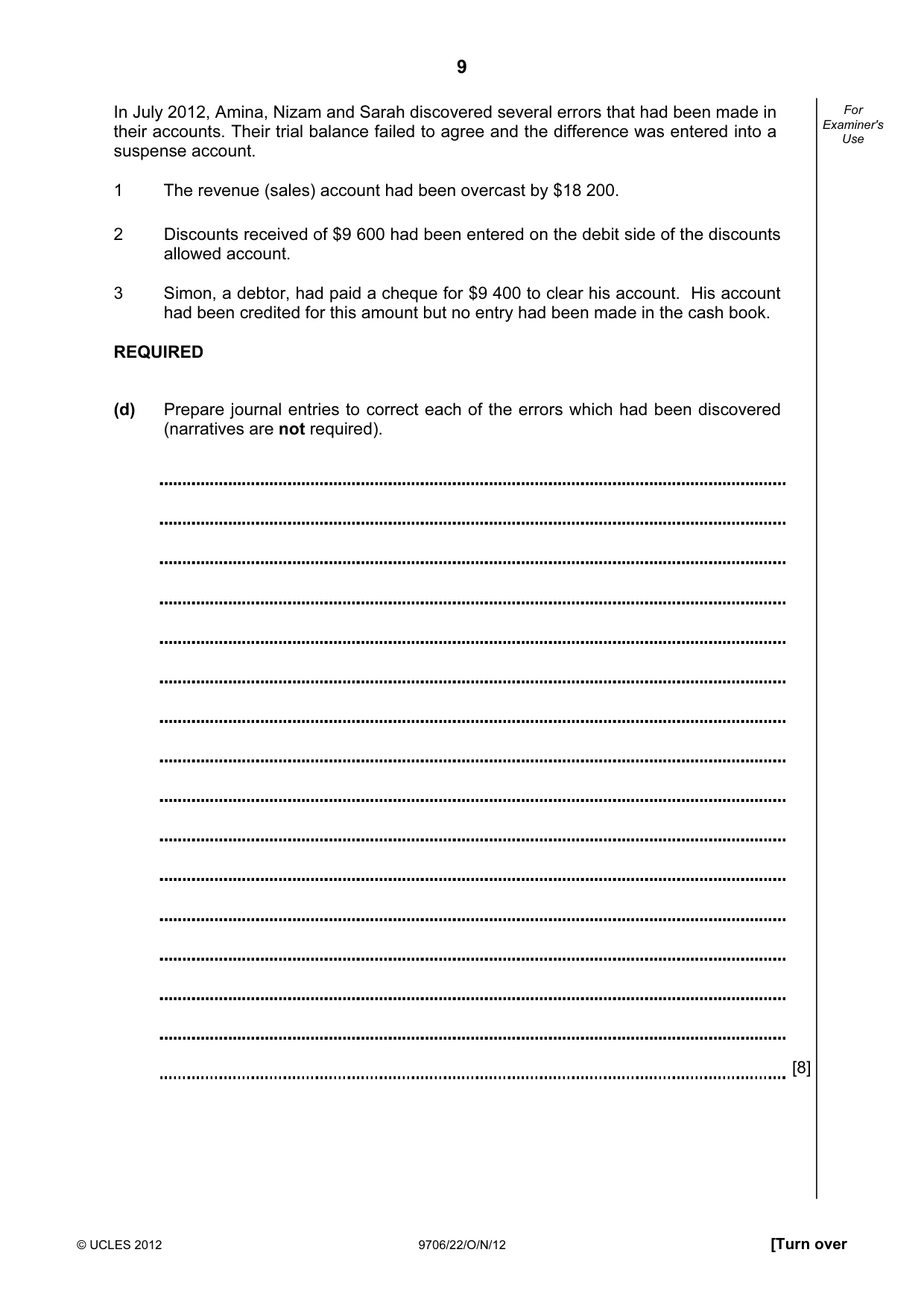 Cambridge A Level Accounting 9706 2012 Oct/Nov Paper 2 · Variant 2 question paper, page 9 of 16