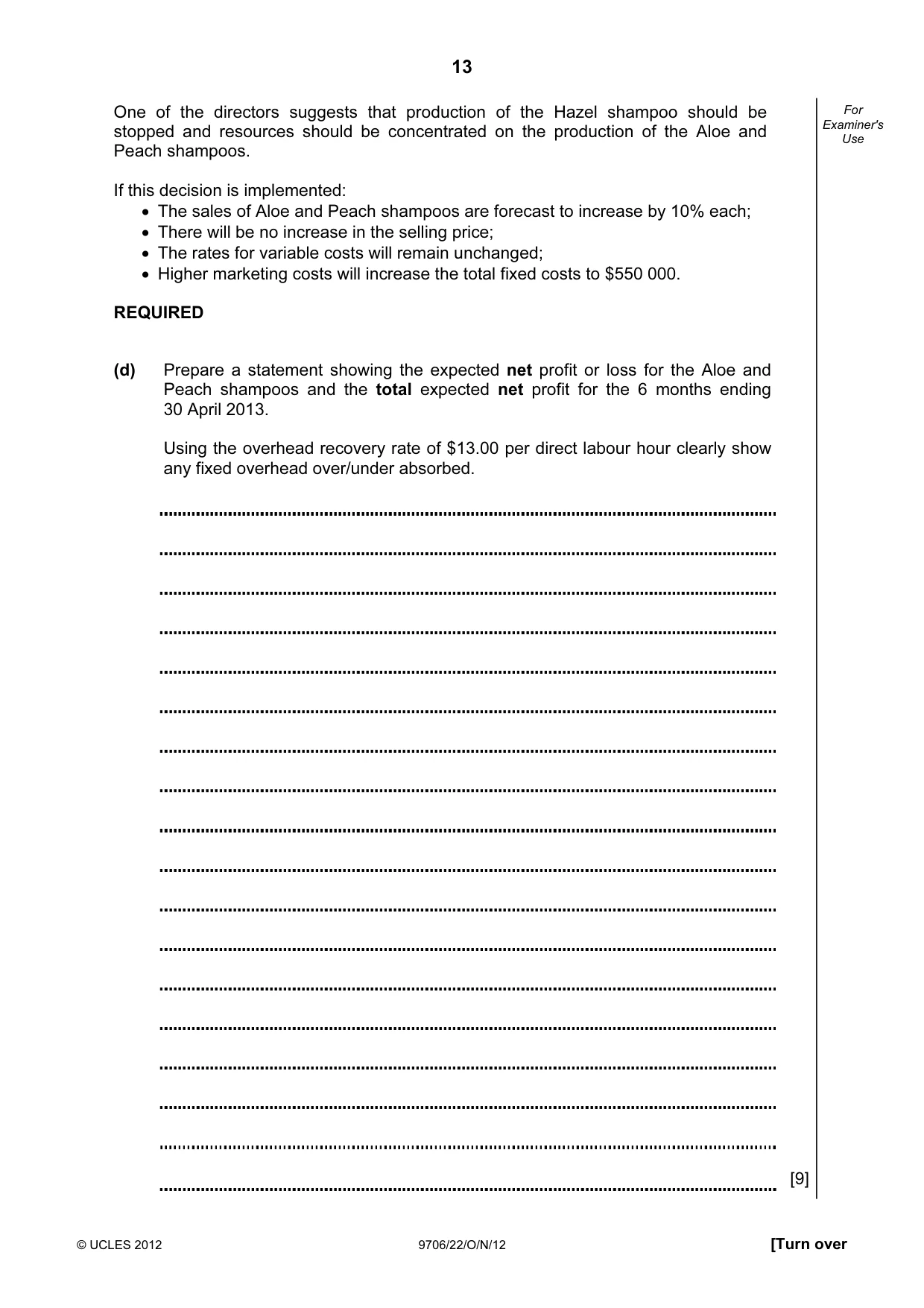 Cambridge A Level Accounting 9706 2012 Oct/Nov Paper 2 · Variant 2 question paper, page 13 of 16