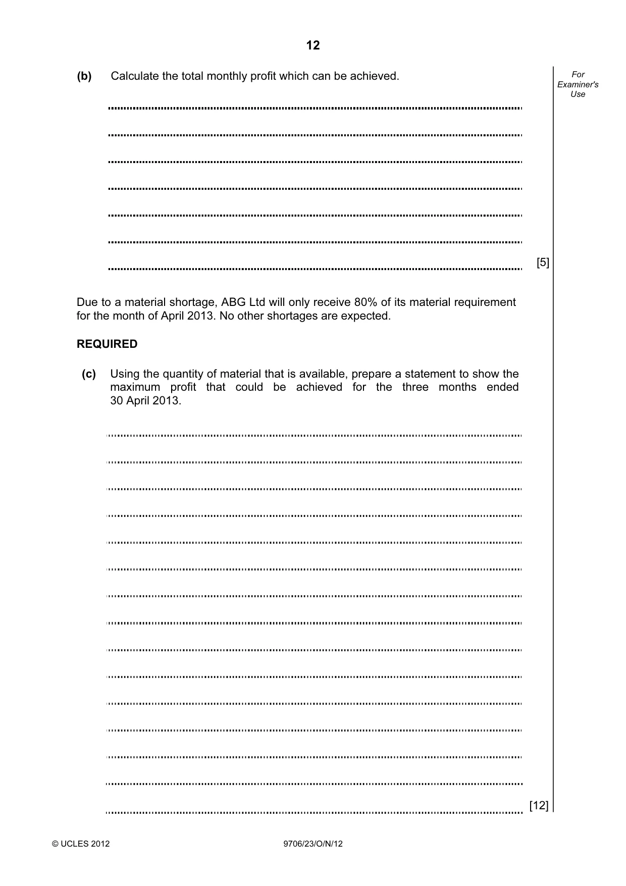 Cambridge A Level Accounting 9706 2012 Oct/Nov Paper 2 · Variant 3 question paper, page 12 of 16