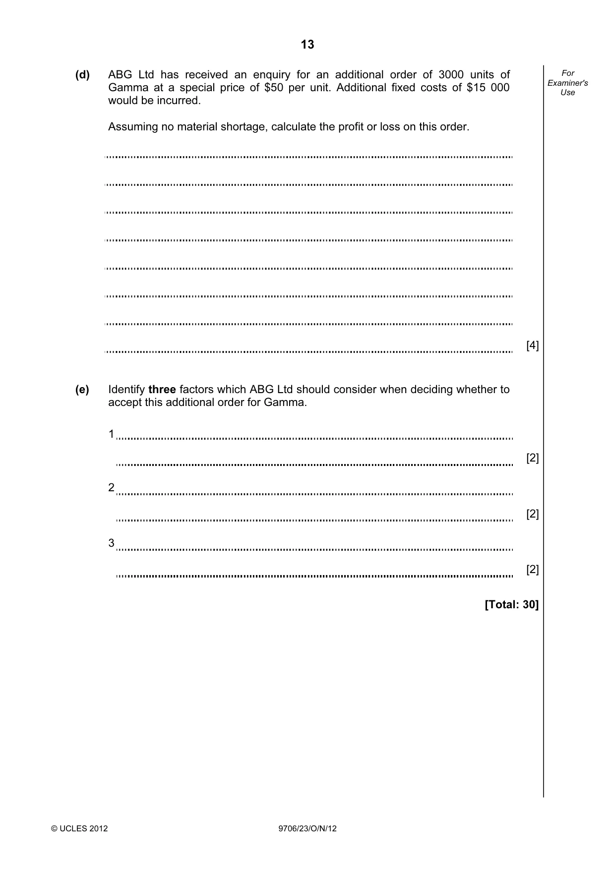 Cambridge A Level Accounting 9706 2012 Oct/Nov Paper 2 · Variant 3 question paper, page 13 of 16