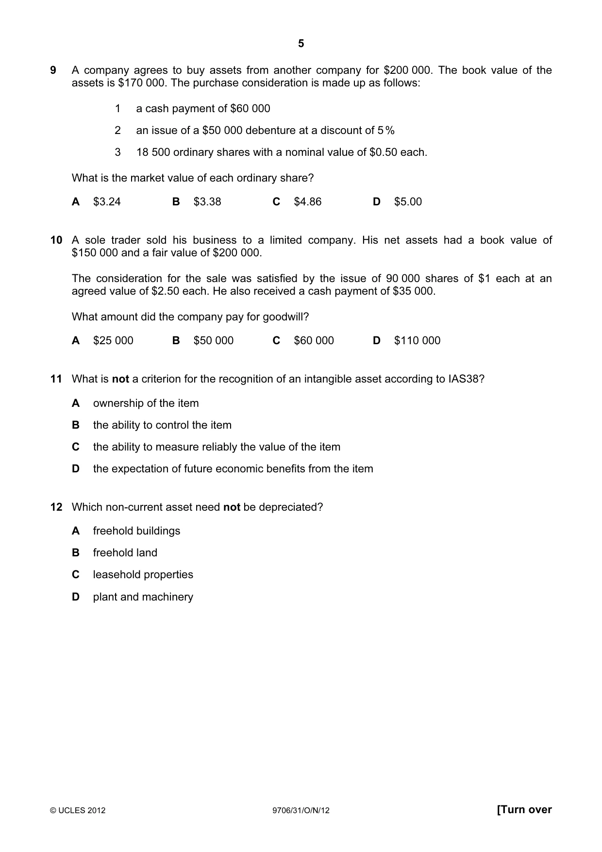 Cambridge A Level Accounting 9706 2012 Oct/Nov Paper 3 · Variant 1 question paper, page 5 of 12