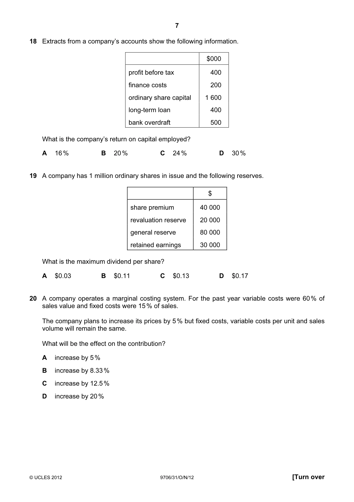 Cambridge A Level Accounting 9706 2012 Oct/Nov Paper 3 · Variant 1 question paper, page 7 of 12