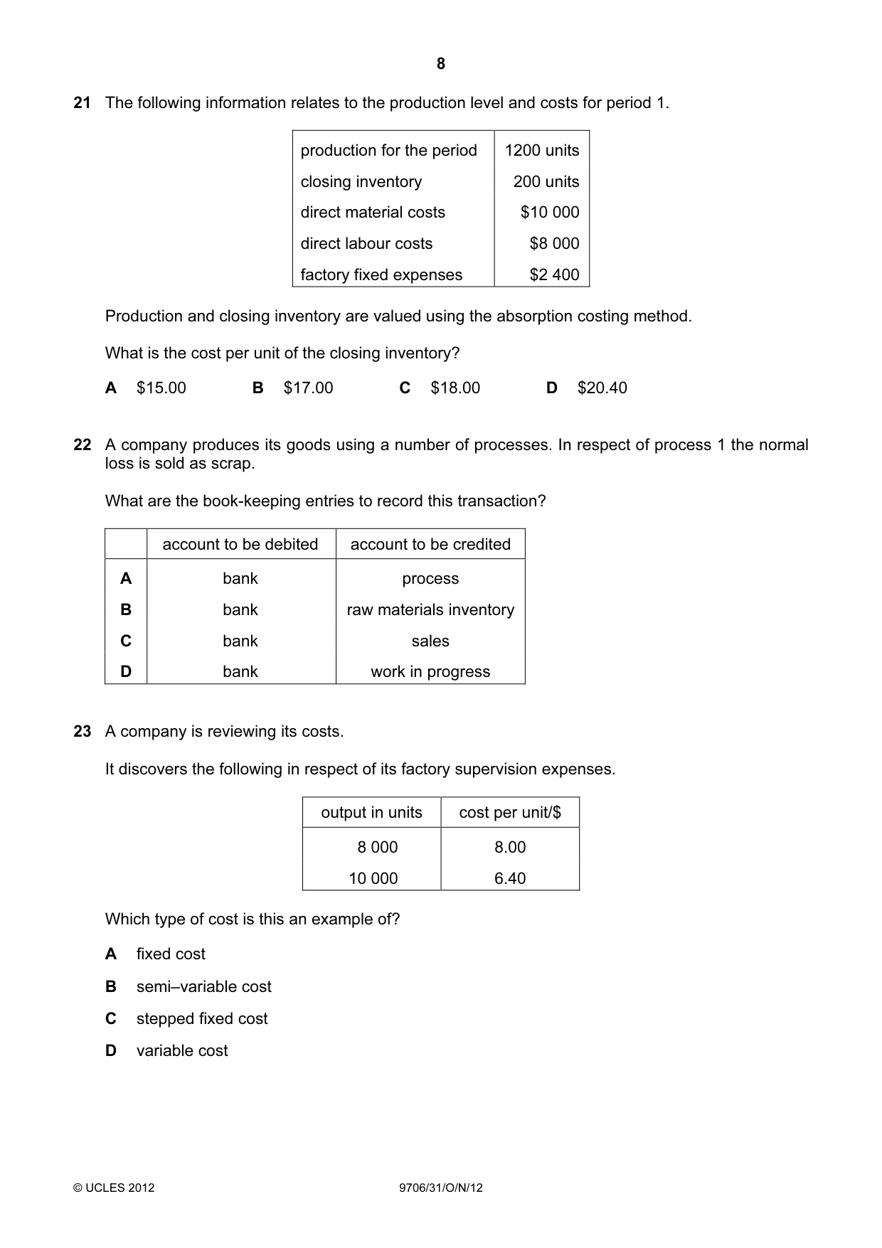 Cambridge A Level Accounting 9706 2012 Oct/Nov Paper 3 · Variant 1 question paper, page 8 of 12
