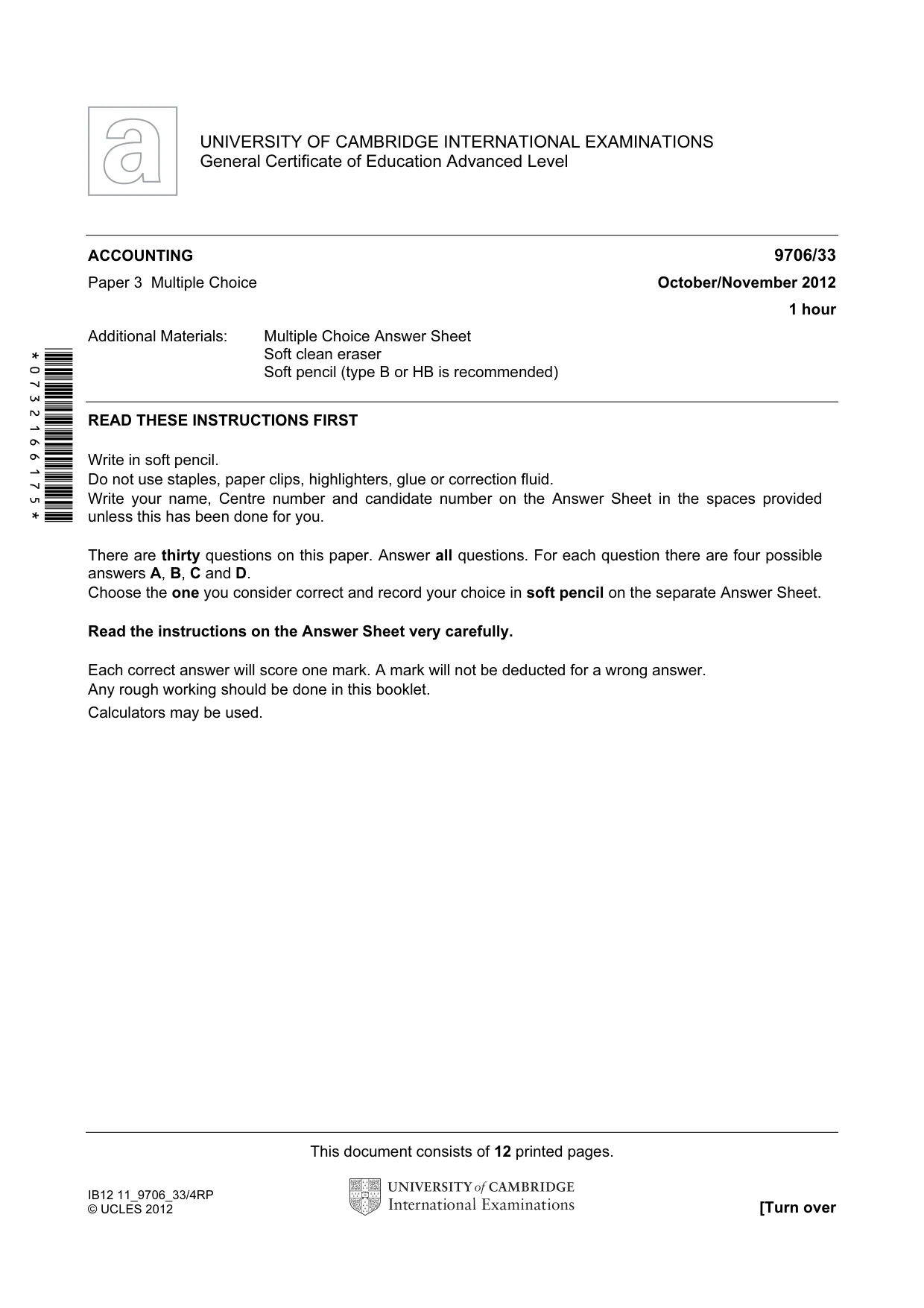 Cambridge A Level Accounting 9706 2012 Oct/Nov Paper 3 · Variant 3 question paper, page 1 of 12
